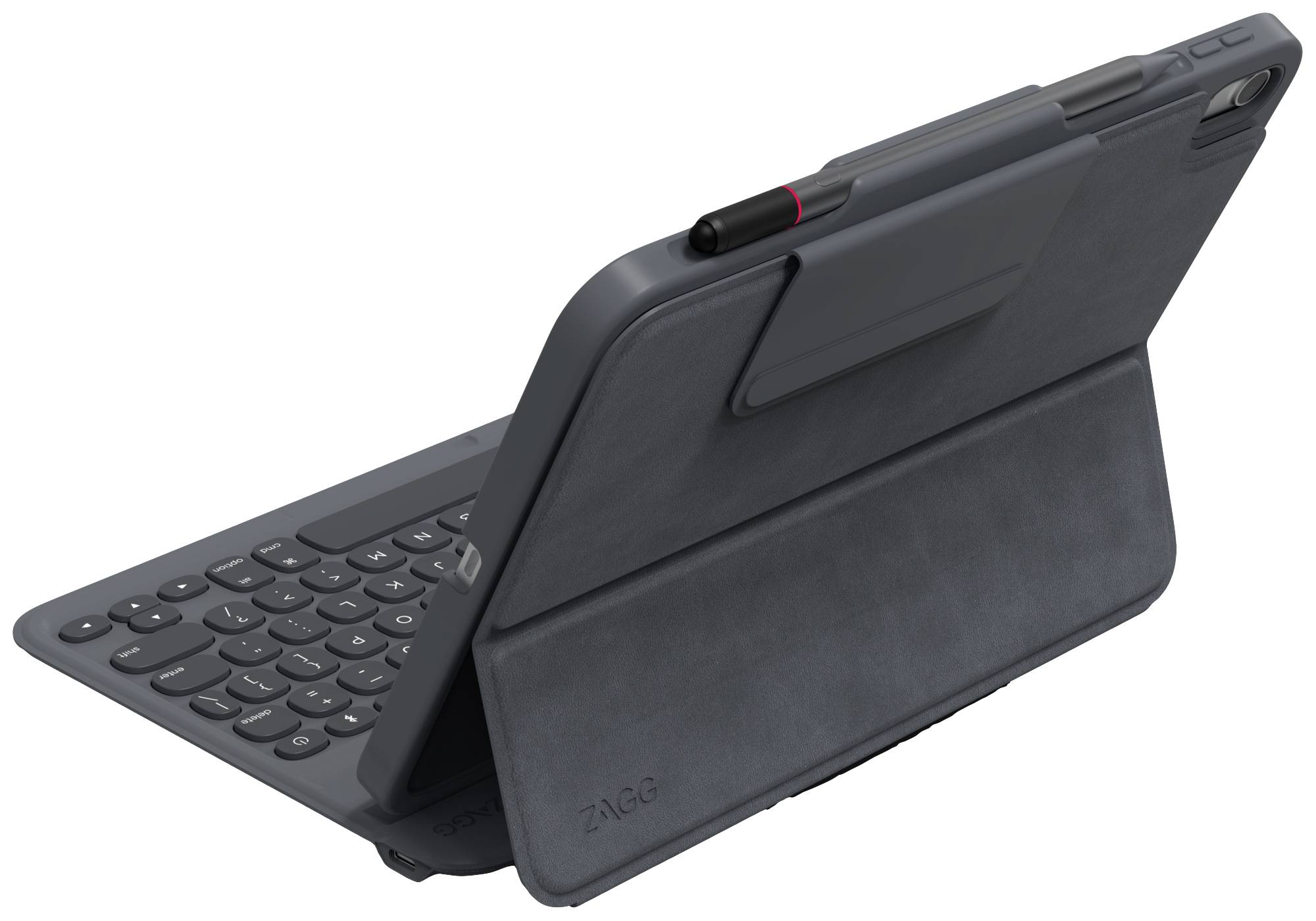 Una custodia grigia per tablet con tastiera integrata e un supporto per penna sulla parte superiore. Orientamento del tablet in modalità orizzontale.