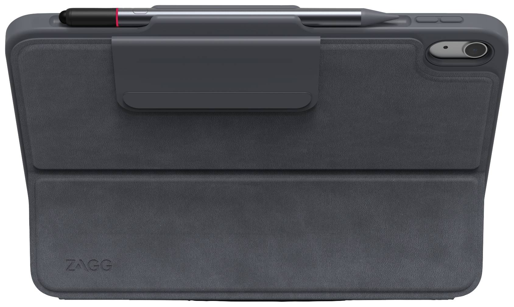 Custodia per tablet grigio-nero con pennino fissato. Ritaglio per la fotocamera in alto a destra, 'ZAGG' inciso in basso a sinistra.