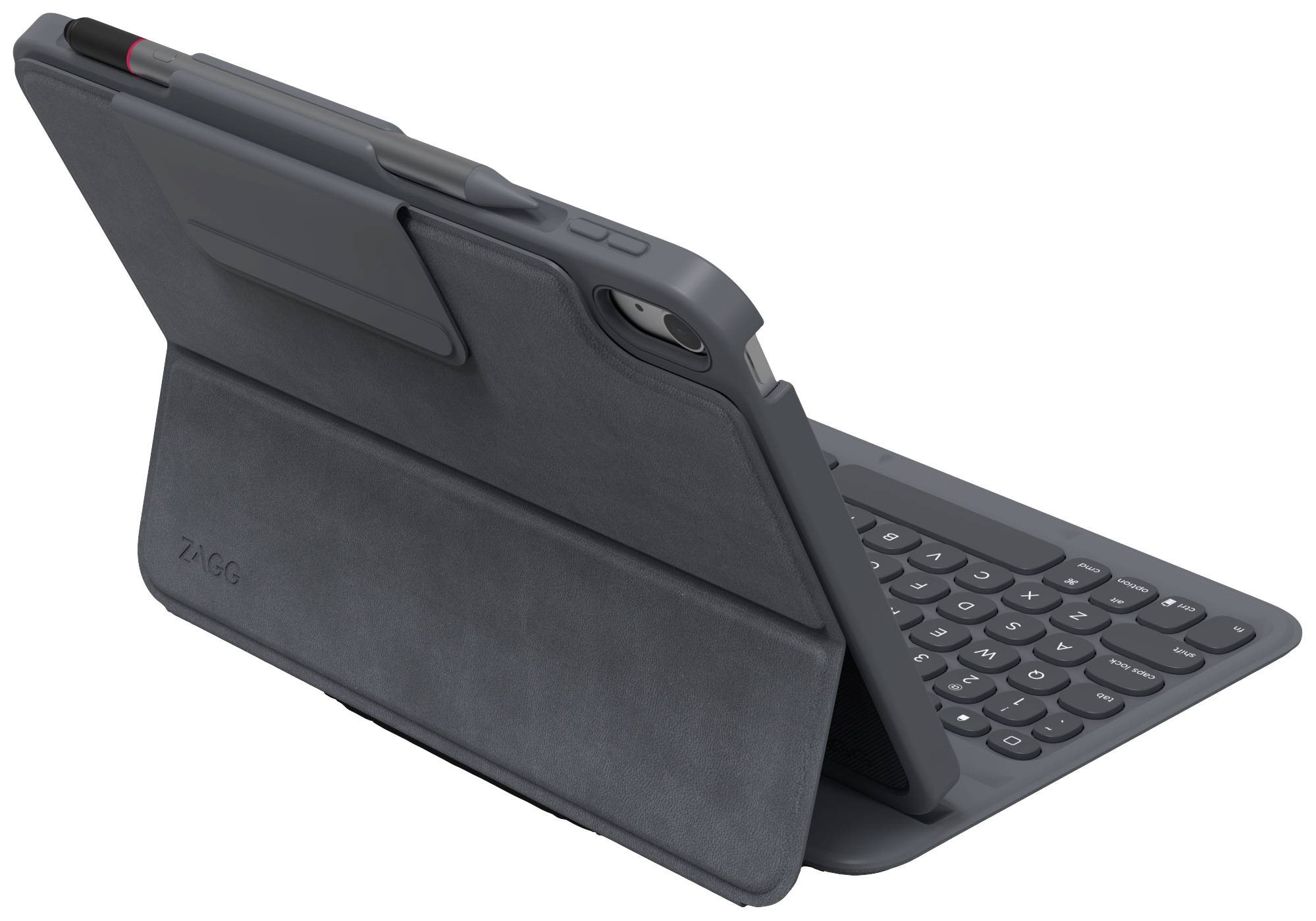 Custodia nera per tablet con tastiera integrata e porta-penna, mostrata leggermente inclinata. Ideale per digitare durante gli spostamenti.