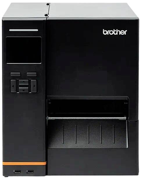 Una stampante per etichette Brother in nero con display digitale e pulsanti di controllo. Adatta per applicazioni industriali.
