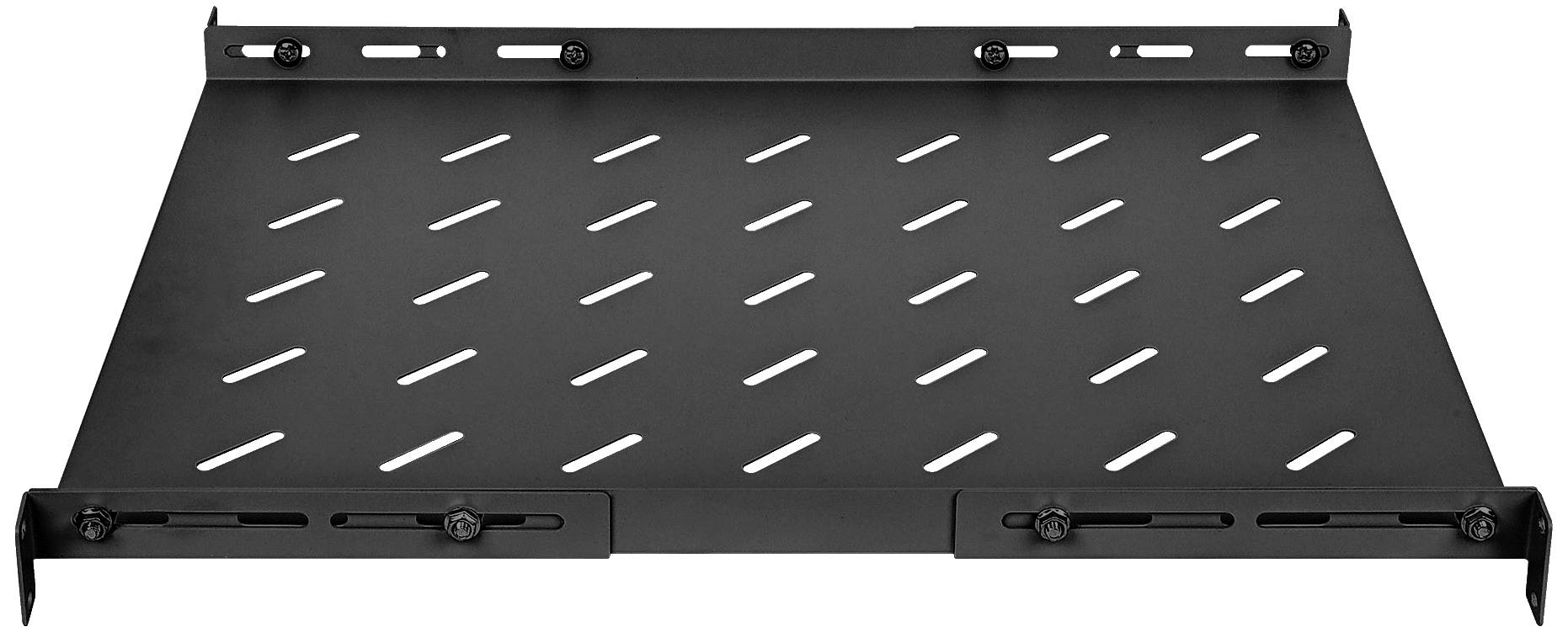 Scaffale metallico nero con fori, con bordi regolabili. Adatto per essere fissato in un telaio o un armadio per lo stoccaggio.