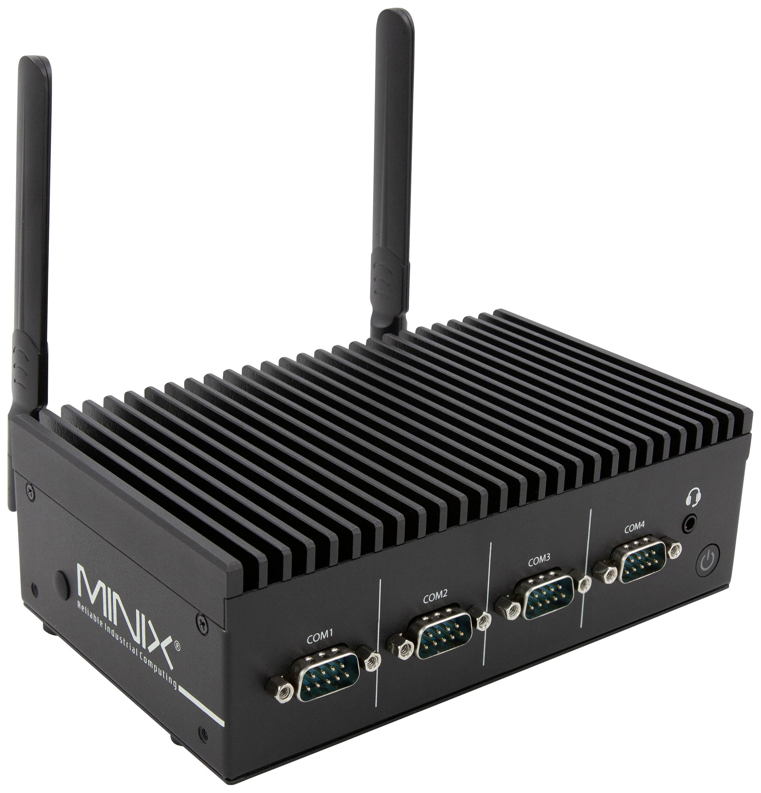 PC industriale con involucro nero, due antenne e quattro porte COM sul frontale. Adatto per applicazioni industriali robuste.