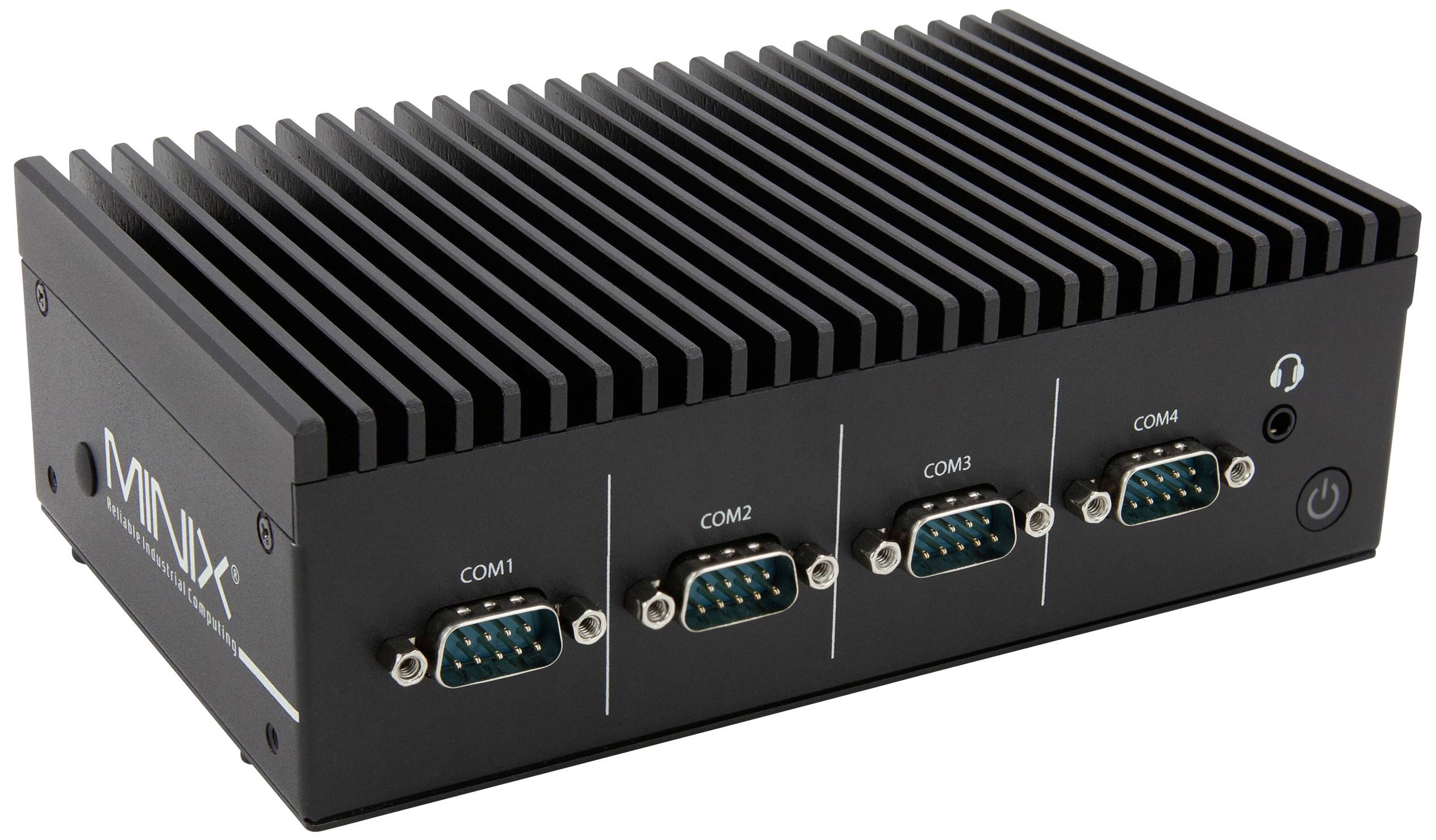 Un PC industriale nero con chassis nervato e quattro porte COM sulla parte anteriore. Il logo è visibile sul lato.