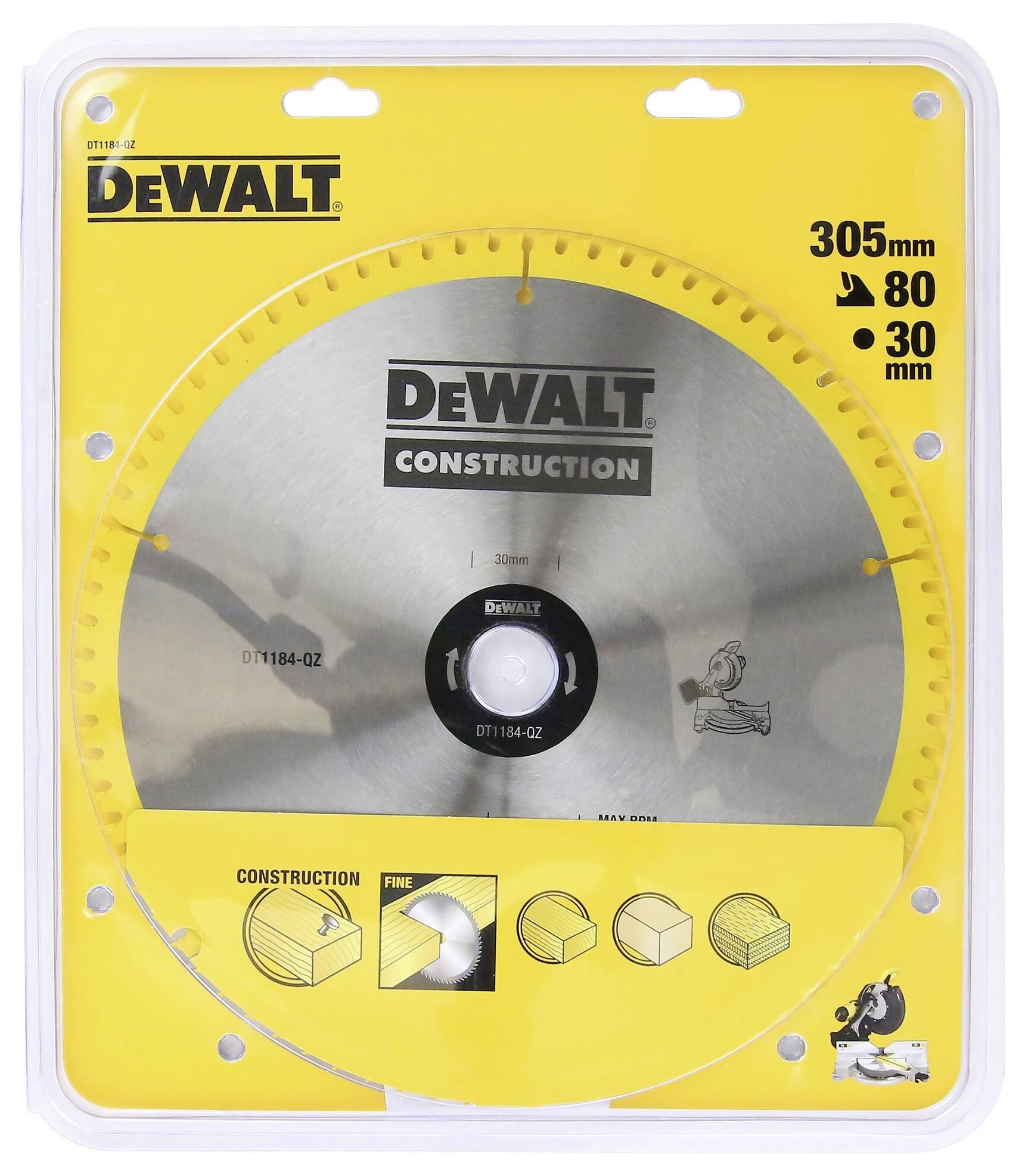Lama per sega circolare DeWalt per tagli di precisione. Diametro 305 mm, 80 denti, foro da 30 mm. Confezionato in blister giallo con logo del produttore.
