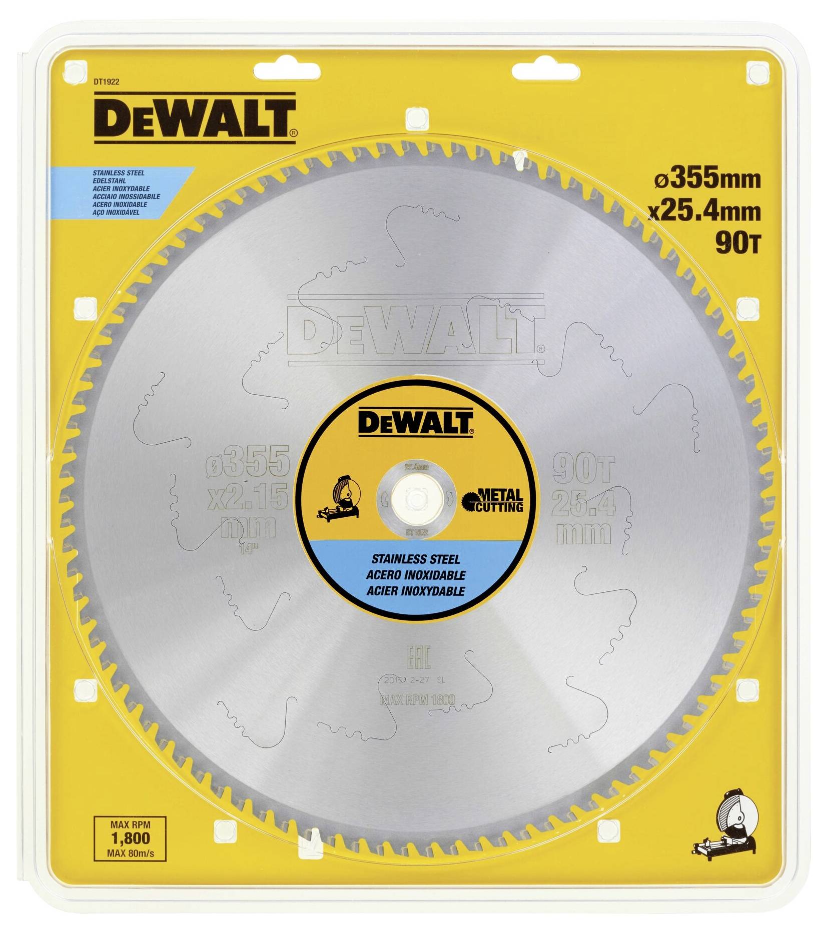 Lama per sega 'DEWALT', acciaio inox, diametro 355 mm, 90 denti, velocità massima 1800 giri/min, adatta per tagli precisi.