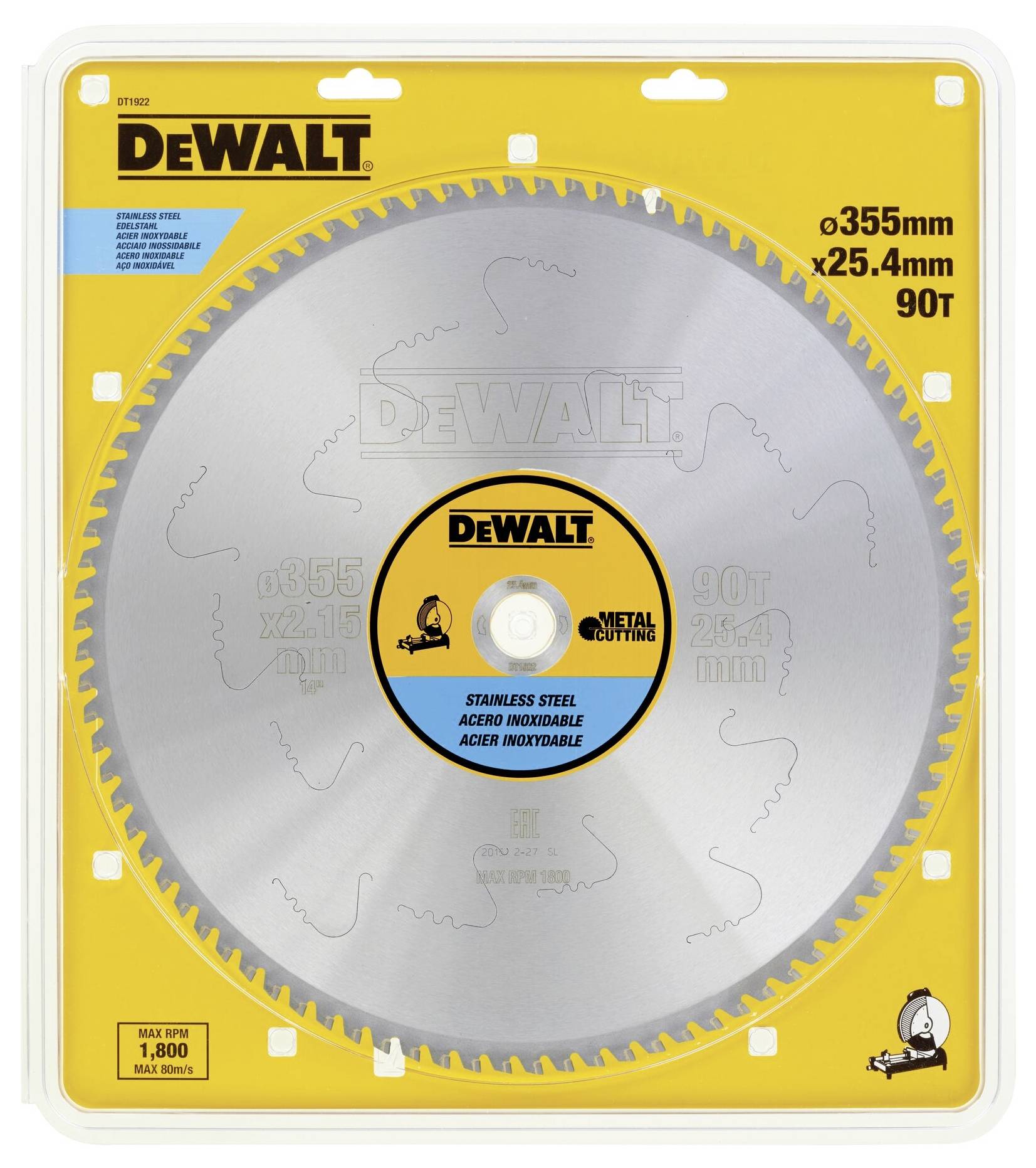 Lama per sega 'DEWALT', diametro 355 mm, 90 denti, foro da 25,4 mm, adatta per acciaio inossidabile. Confezionata in custodia di plastica.