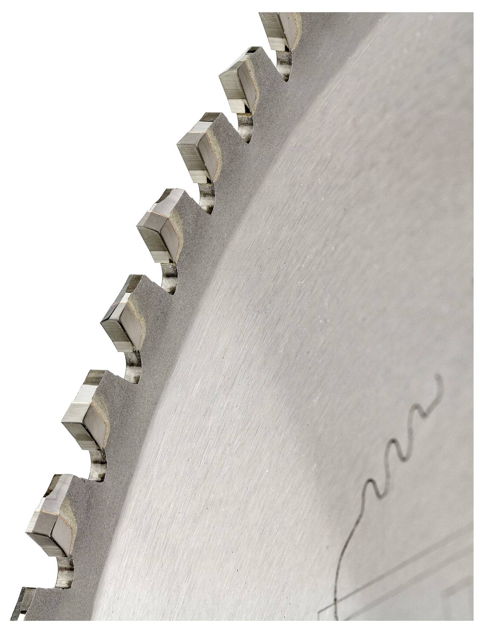 Primo piano del bordo di una lama da sega circolare con denti nitidi e uniformemente distribuiti.
