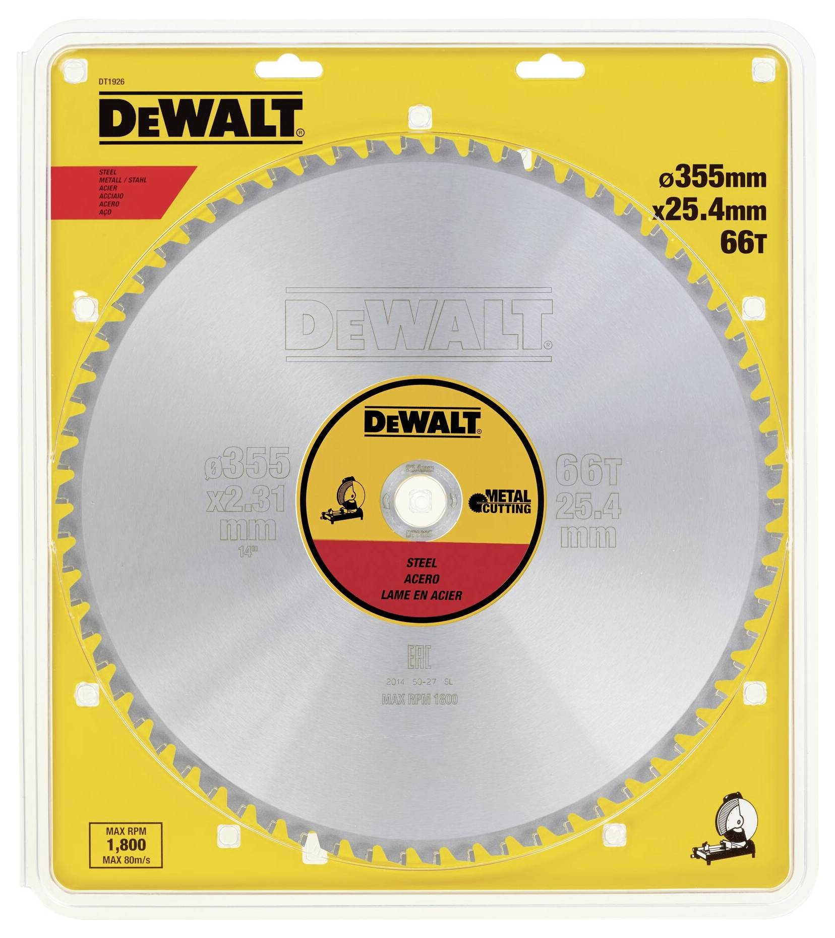 Lama per sega circolare Dewalt, diametro 355 mm, foro da 25,4 mm, con 66 denti per la lavorazione dei metalli, raffigurata in confezione gialla.