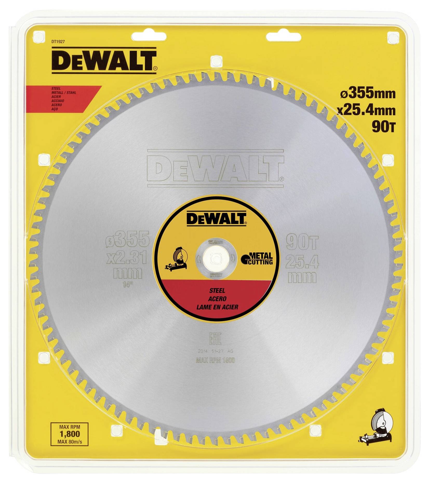 Lama per sega in metallo DeWalt, diametro 355 mm, foro da 25,4 mm, 90 denti, idonea per l'utilizzo con seghe da taglio ad alte prestazioni.