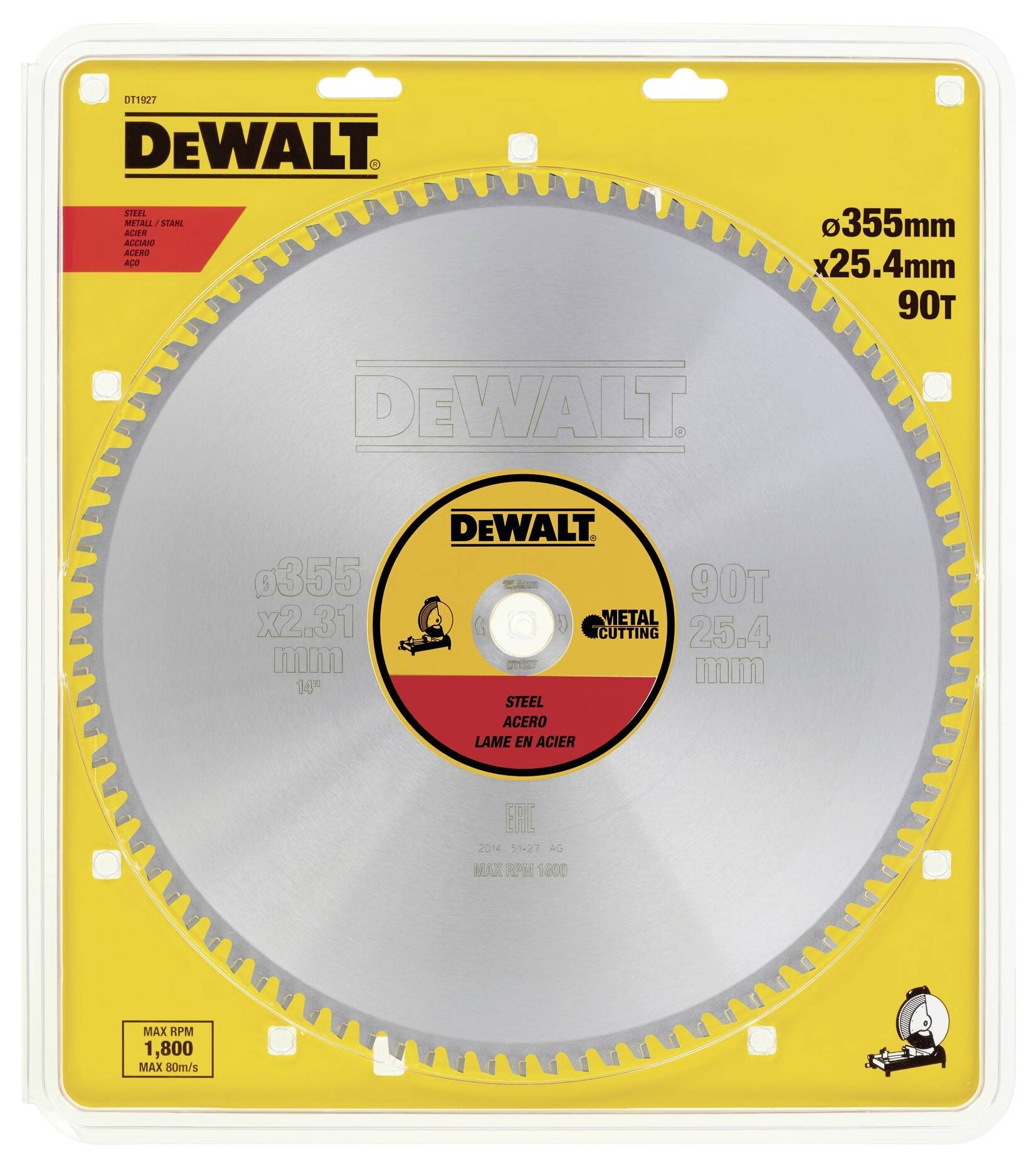Lama per sega circolare DeWalt, adatta per lavorazioni metalliche. Diametro 355 mm, 90 denti. Confezione gialla con logo del marchio in alto a sinistra.
