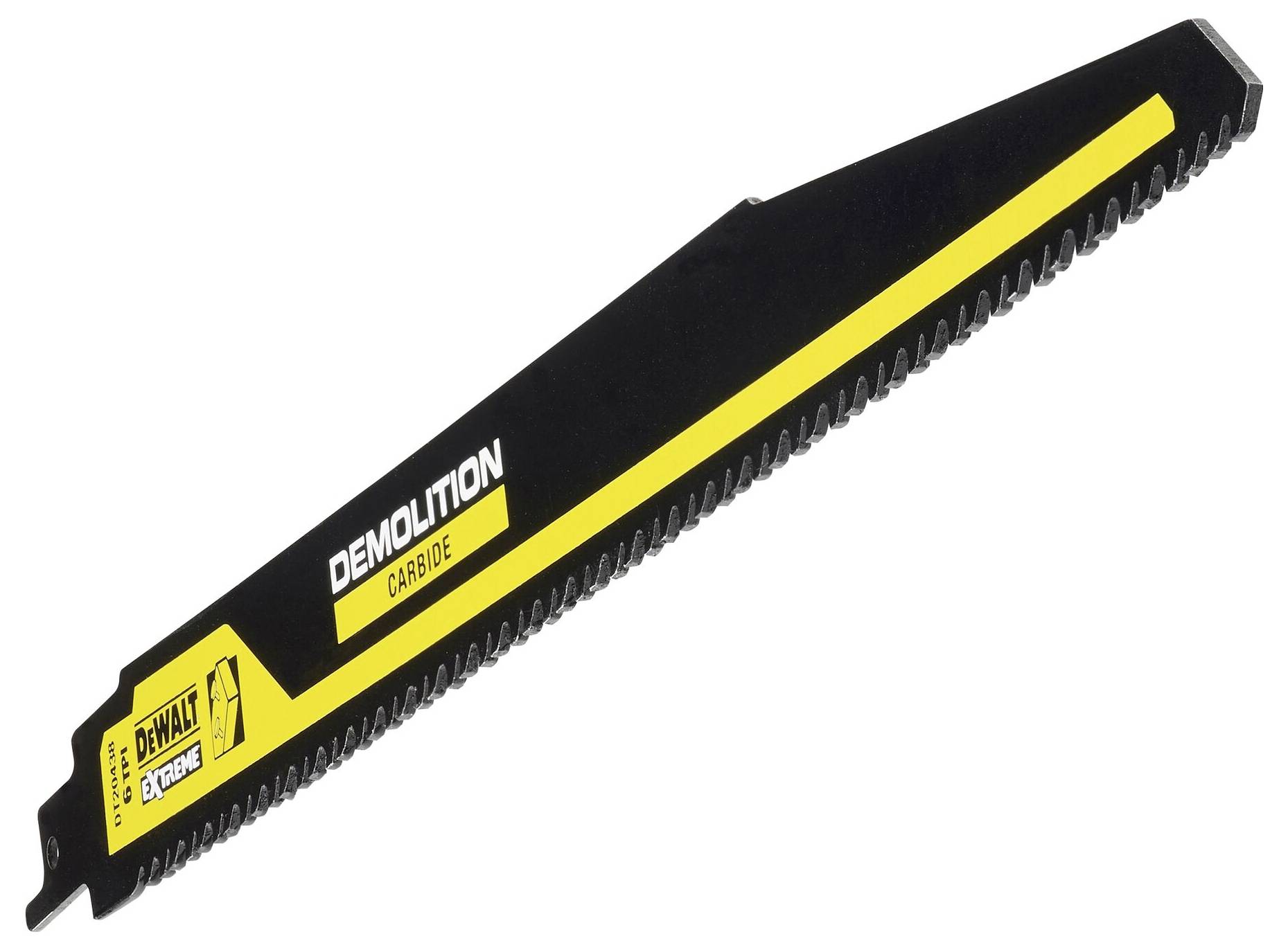 Lama da sega con la scritta 'Demolition Carbide'. Design in nero e giallo. Logo del marchio sul lato sinistro. Adatto per interventi di demolizione.