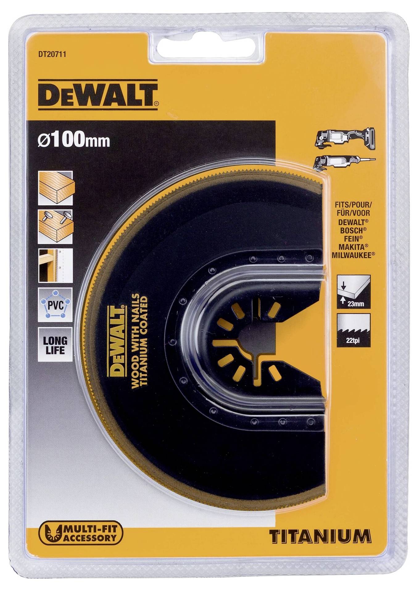 Lama per sega per legno e plastica, 100 mm, compatibile con utensili multifunzione DeWalt. Confezione che mostra il prodotto e le specifiche: Titanio, 22 mm.