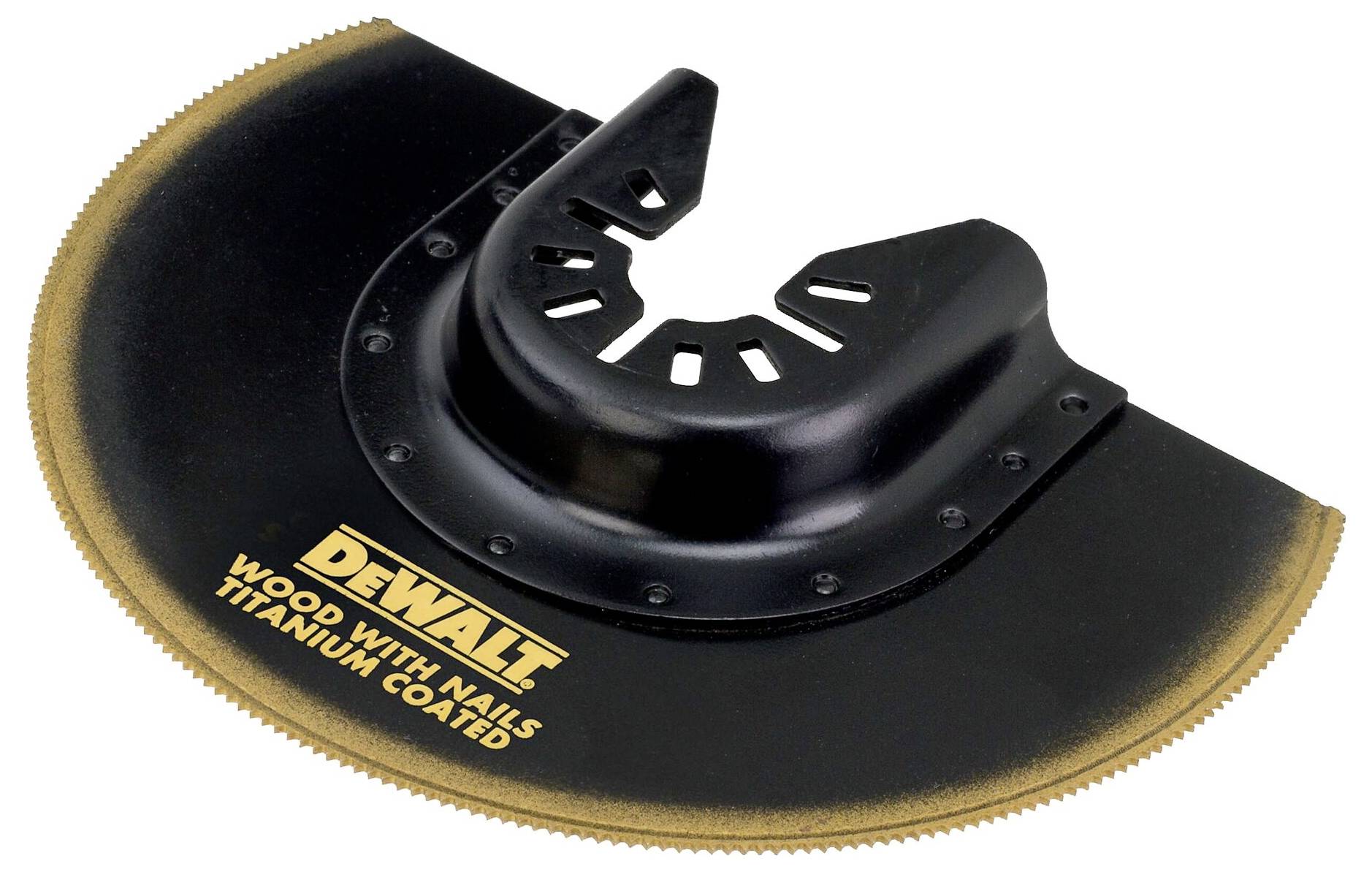 Lama per sega circolare DeWalt, per legno con chiodi, rivestimento in titanio, design a mezzaluna, nero e oro.