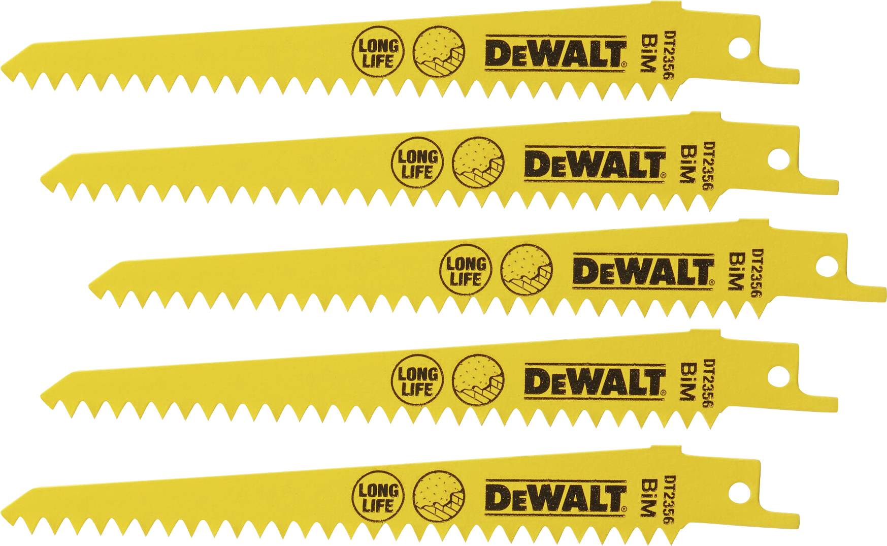 Cinque lame da sega gialle del marchio DEWALT con le scritte 'LONG LIFE' e 'BIM', disposte in una fila inclinata.