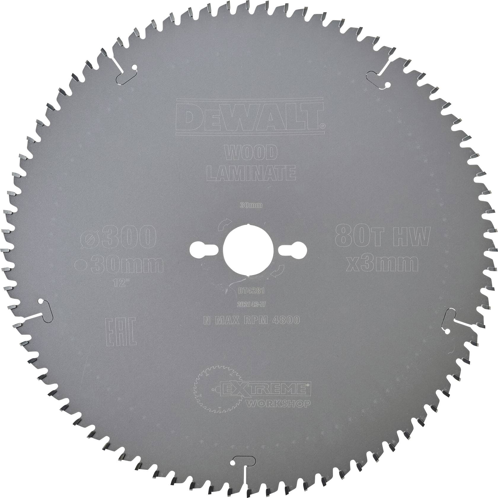 Un disco segadisc per legno con la scritta 'DEWALT Wood Laminate', diametro 300 mm, 80 denti.