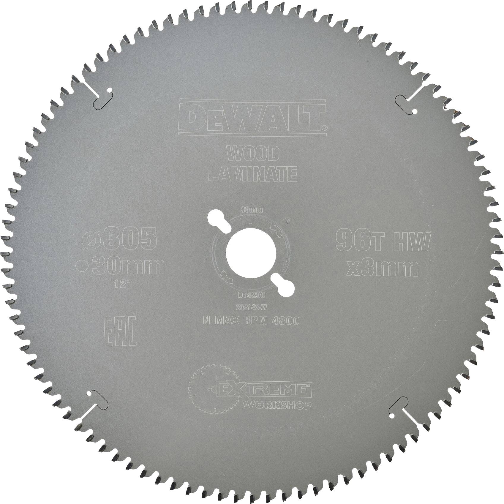 Lama per sega circolare con la scritta: 'DEWALT Wood Laminate, 305 mm, 96T HW x 3 mm'. Adatto per tagli su legno e laminato.