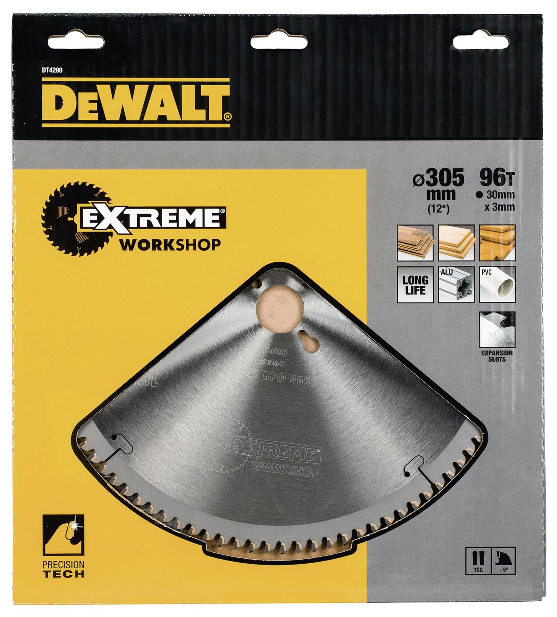 Confezione per lama da sega DeWalt per lavori in legno. Dettagli: diametro 305 mm, 96 denti, tecnologia di precisione, adatta per legno e MDF.