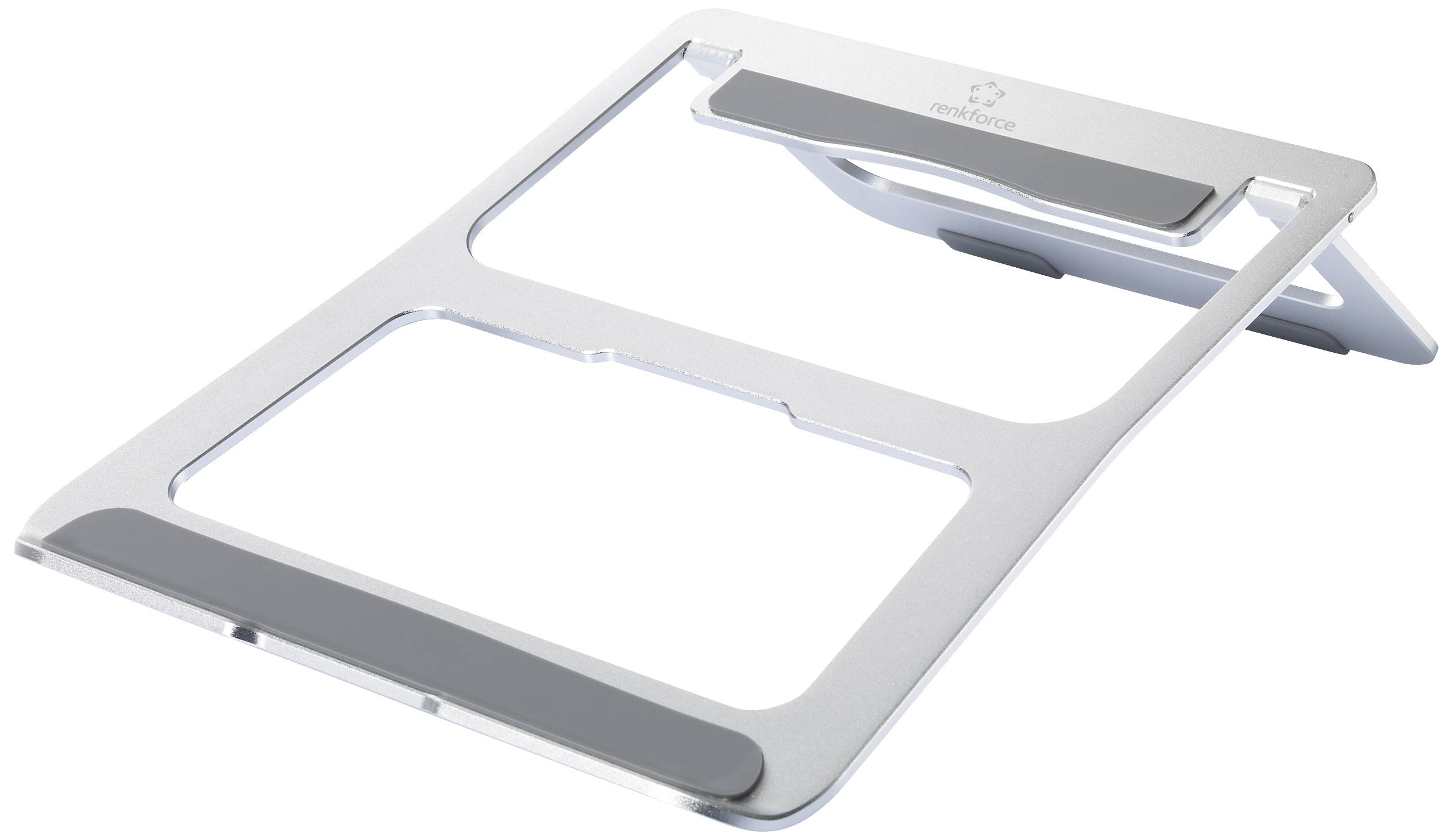 Un supporto per laptop argentato con superficie inclinata, strisce antiscivolo in gomma e fessure di ventilazione per ottimizzare l'utilizzo del laptop.