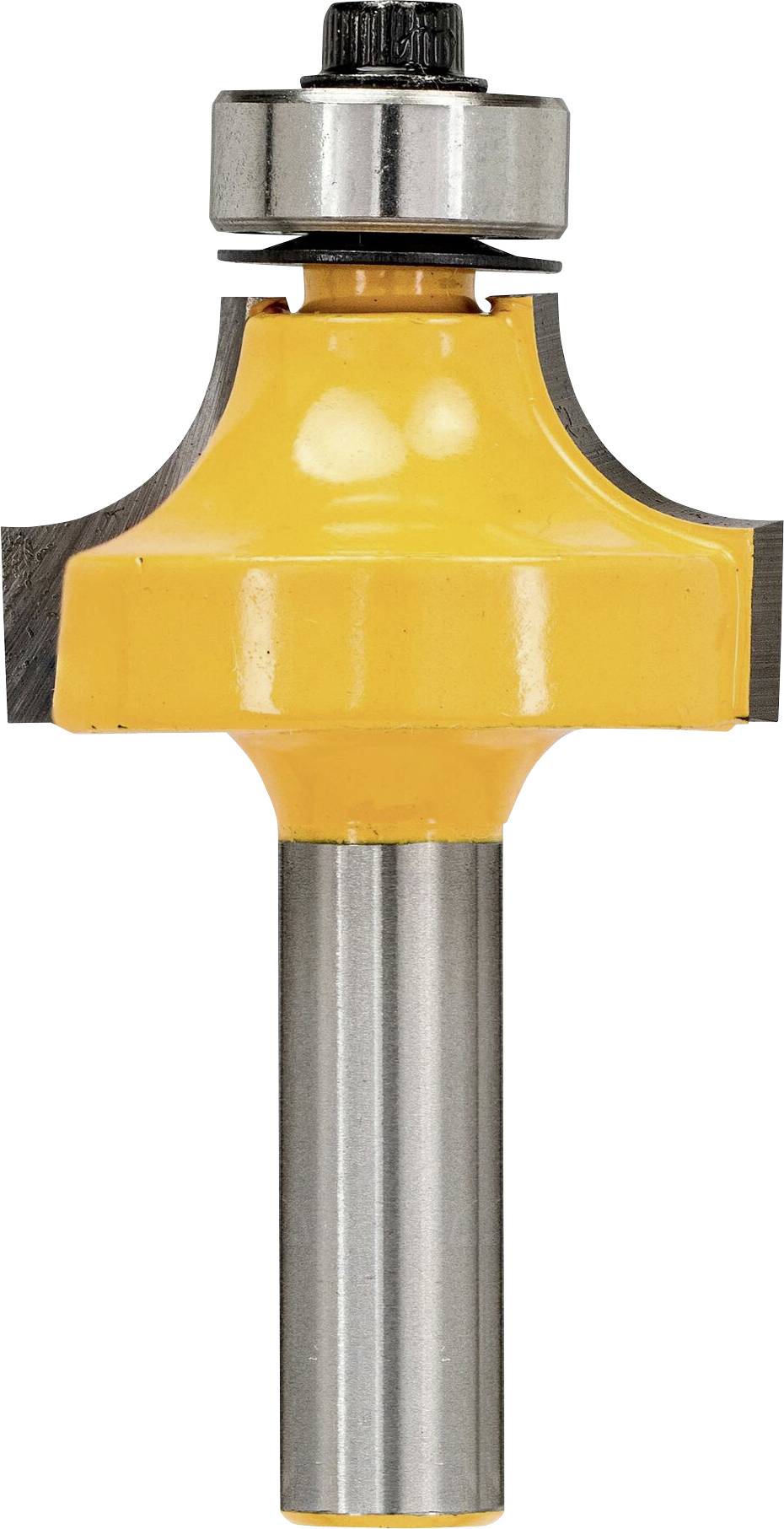 Un fresa per spigoli giallo con cuscinetto a sfera integrato mostra il tagliente e l'asta, idoneo per lavorazioni del legno.