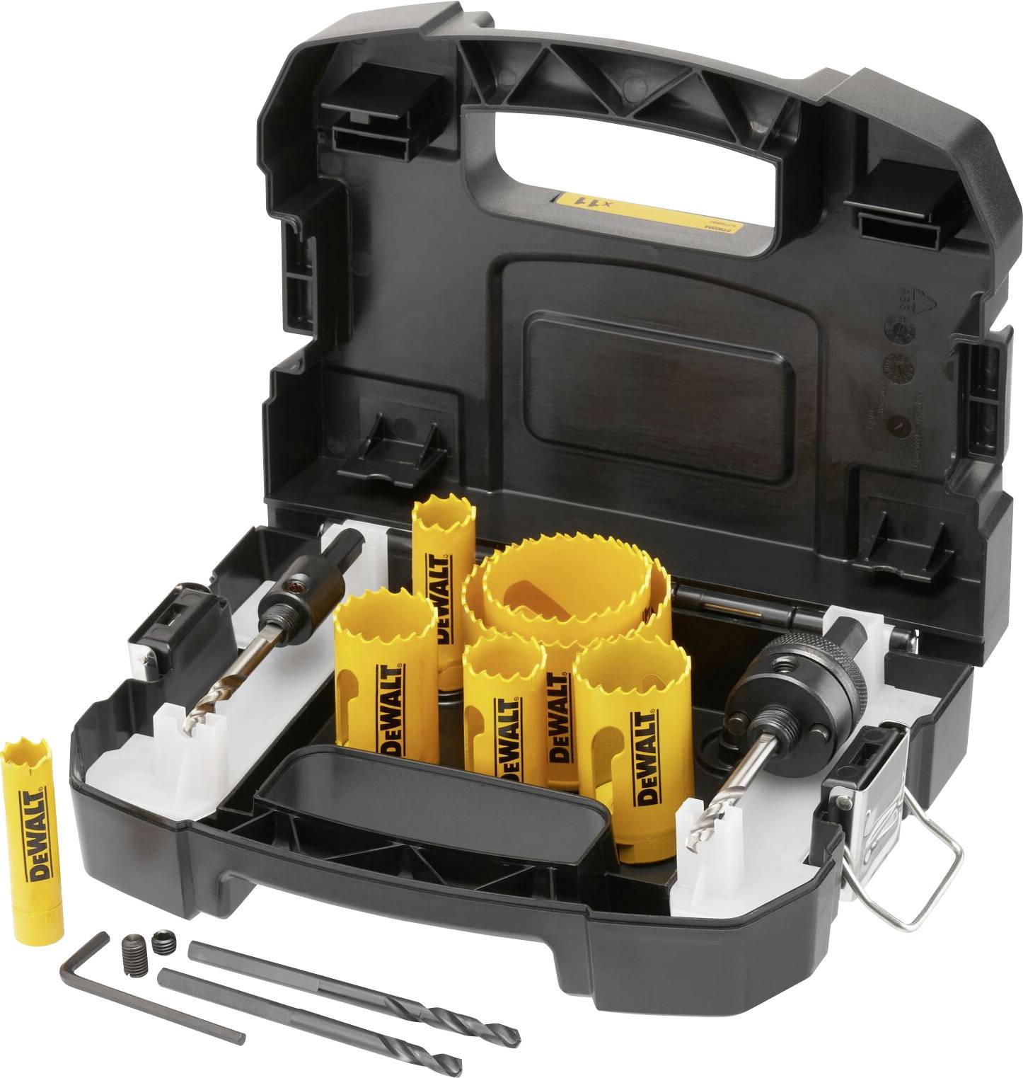 'Set di corone per trapano in una custodia nera con corone per trapano di colore giallo in diverse dimensioni. Contiene punte e accessori per forature precise.'