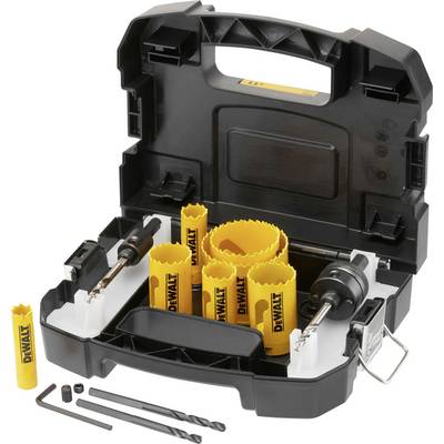'Set di corone per trapano in una custodia nera con corone per trapano di colore giallo in diverse dimensioni. Contiene punte e accessori per forature precise.'