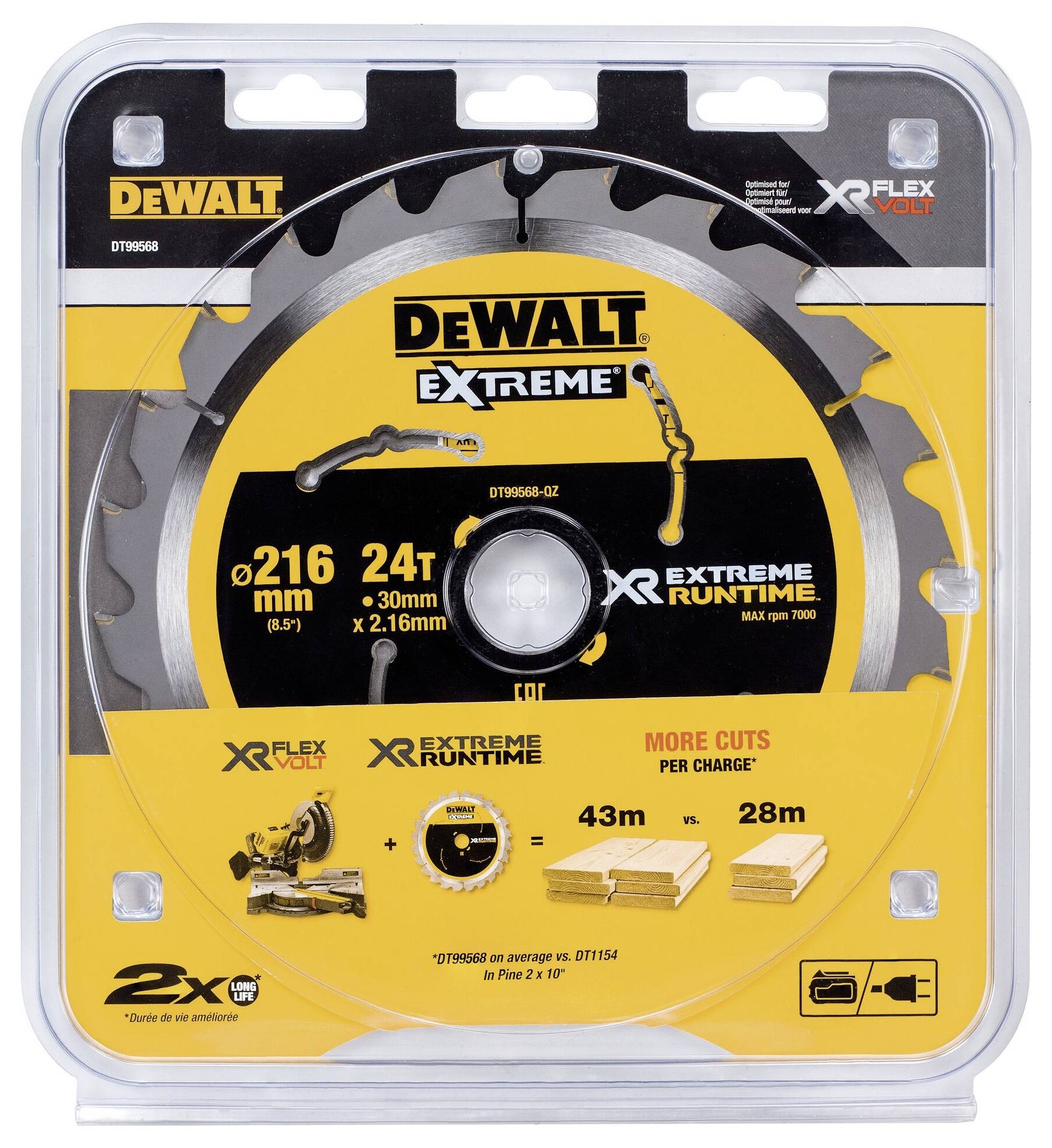 Lama da sega DeWalt Extreme, diametro 216 mm, 24 denti, per legno. Confezione indica capacità di taglio: 43 m (pino), 28 m (quercia).
