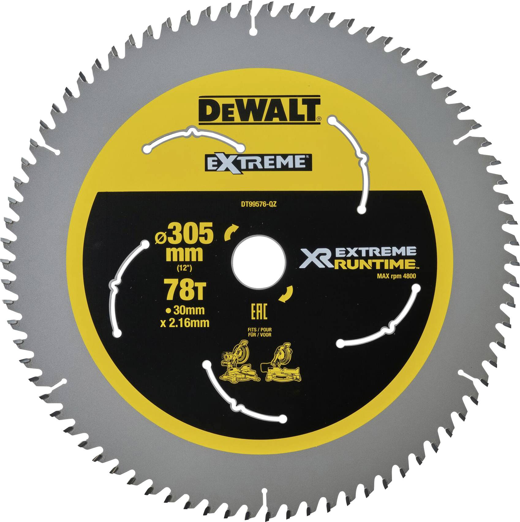 Lama per sega circolare DEWALT, diametro 305 mm, 78 denti, idoneo per lavorazioni in legno. Sfondo giallo e grigio con logo del marchio.