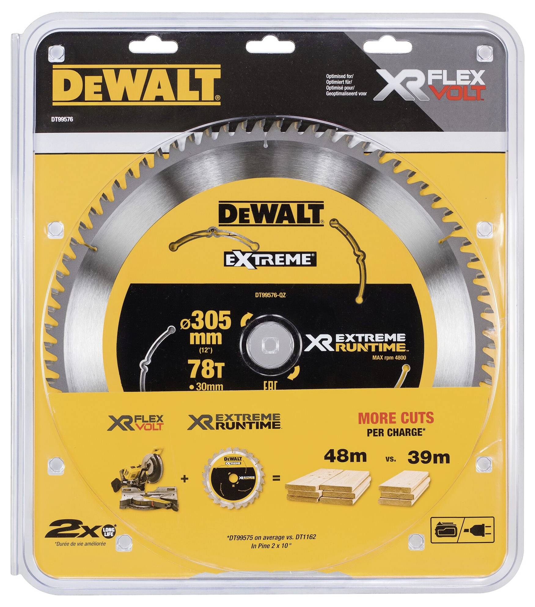 Confezione di una lama da sega da 305 mm DeWalt, che mostra le caratteristiche del prodotto: 78 denti, compatibile con XR Flexvolt per una durata maggiore e più tagli.
