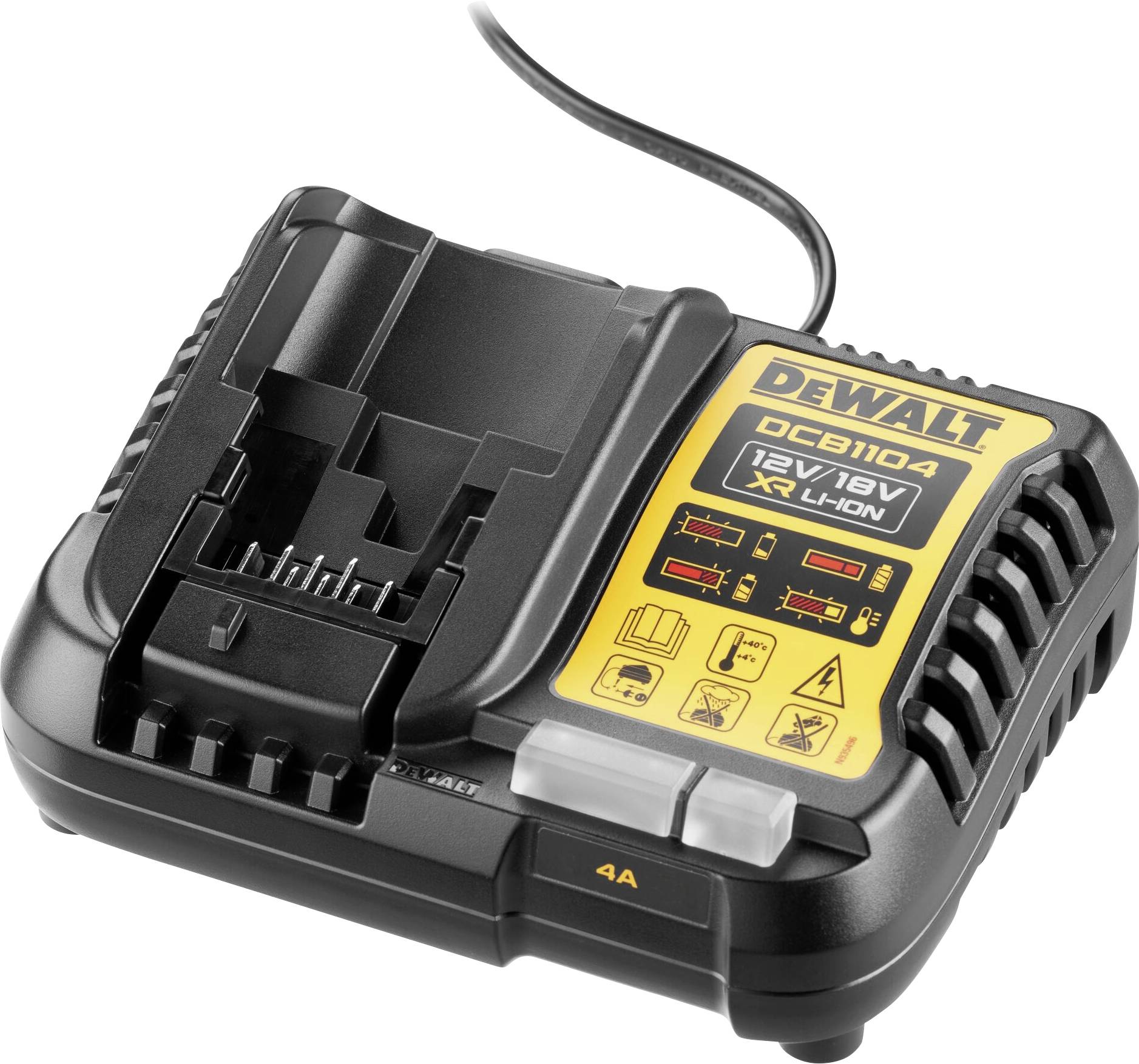 Caricabatterie nero e giallo DeWalt per batterie Li-Ion 12V/18V. Include indicatore di carica e cavo; numero modello DCB1104.