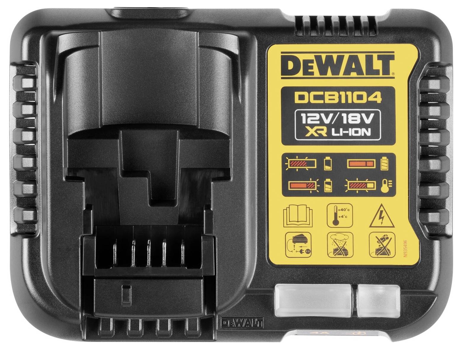 Caricabatterie 'DeWalt DCB1104'. Giallo e nero, adatto per batterie XR Li-Ion da 12V/18V. Contiene simboli di sicurezza e istruzioni per l'uso.
