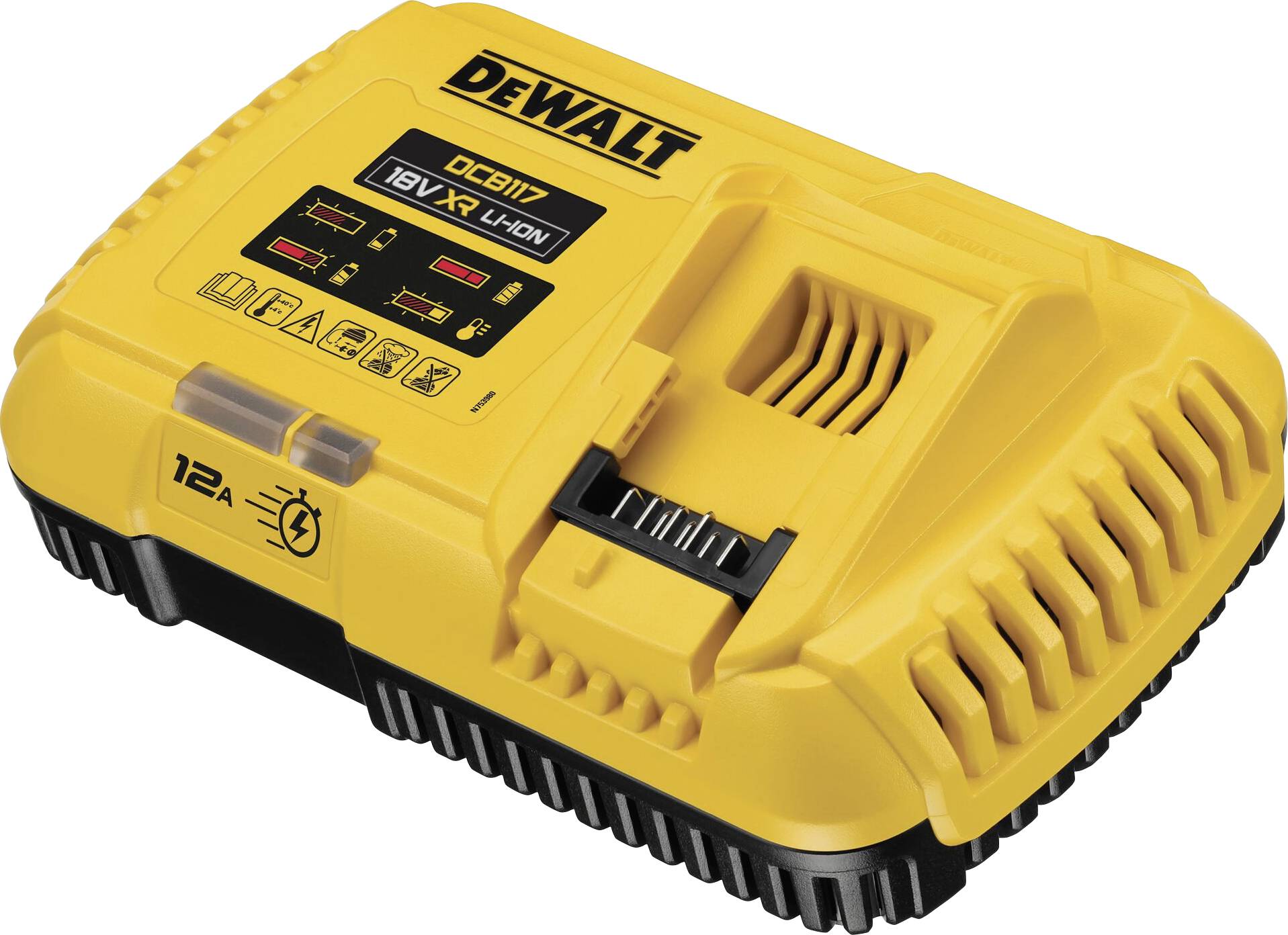 Caricabatterie giallo DEWALT 18V XR agli ioni di litio con indicatore di stato di carica e feritoie di ventilazione, adatto per batterie di utensili elettrici.