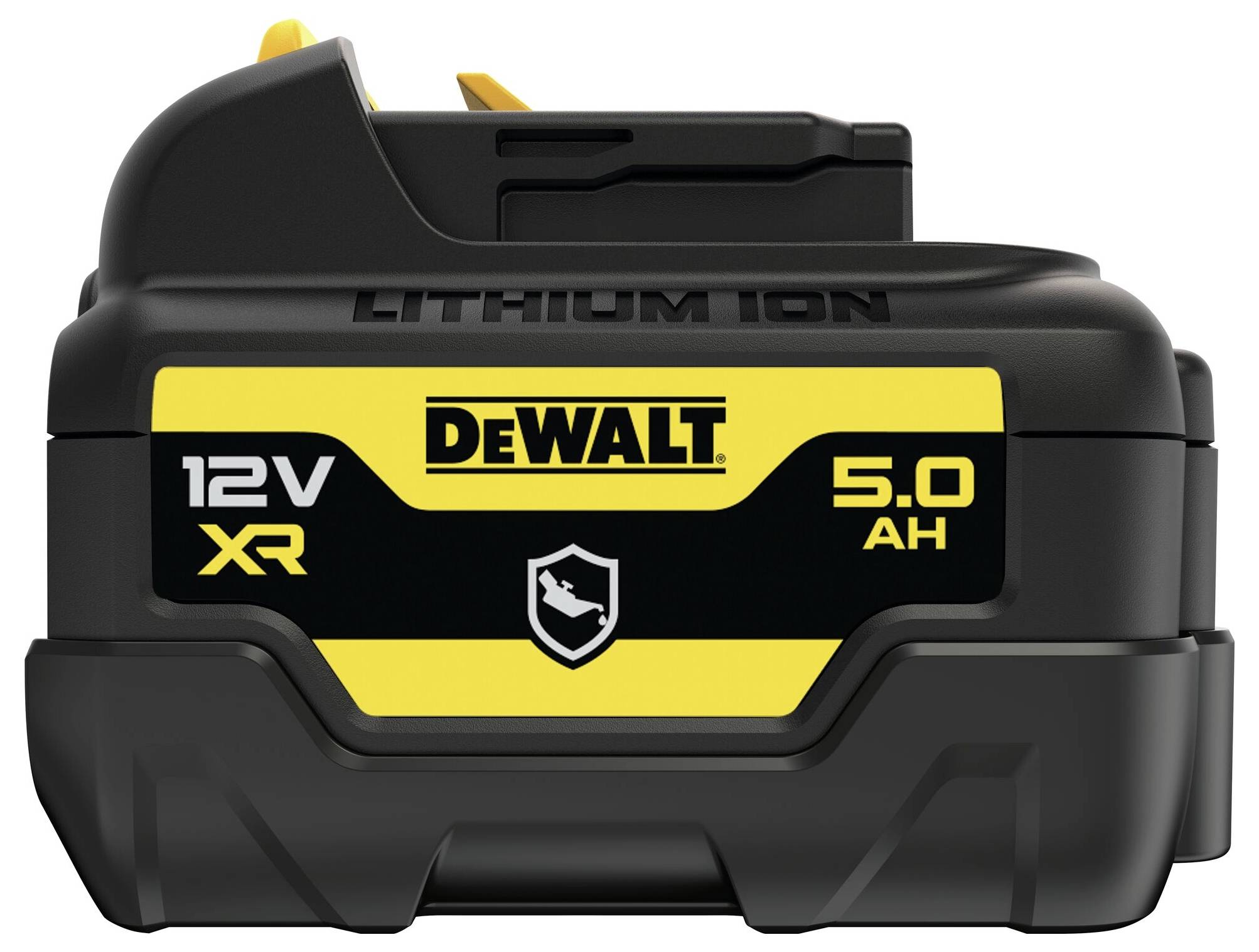 'Batteria DeWalt 12V XR, 5,0 Ah, tecnologia agli ioni di litio, costruzione semplice e robusta in nero con elementi di design gialli.'