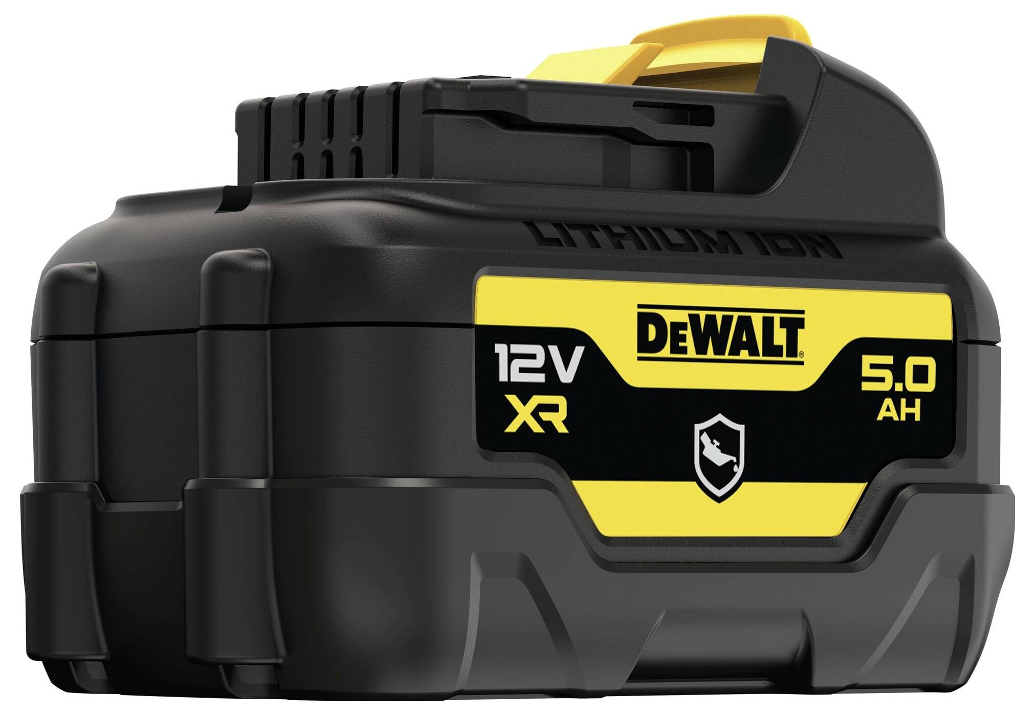Batteria DeWalt agli ioni di litio nero e giallo, 12V, 5.0Ah, con logo XR.