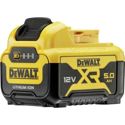 Un battery giallo e nero Dewalt XR agli ioni di litio da 12V con capacità di 5.0 Ah.