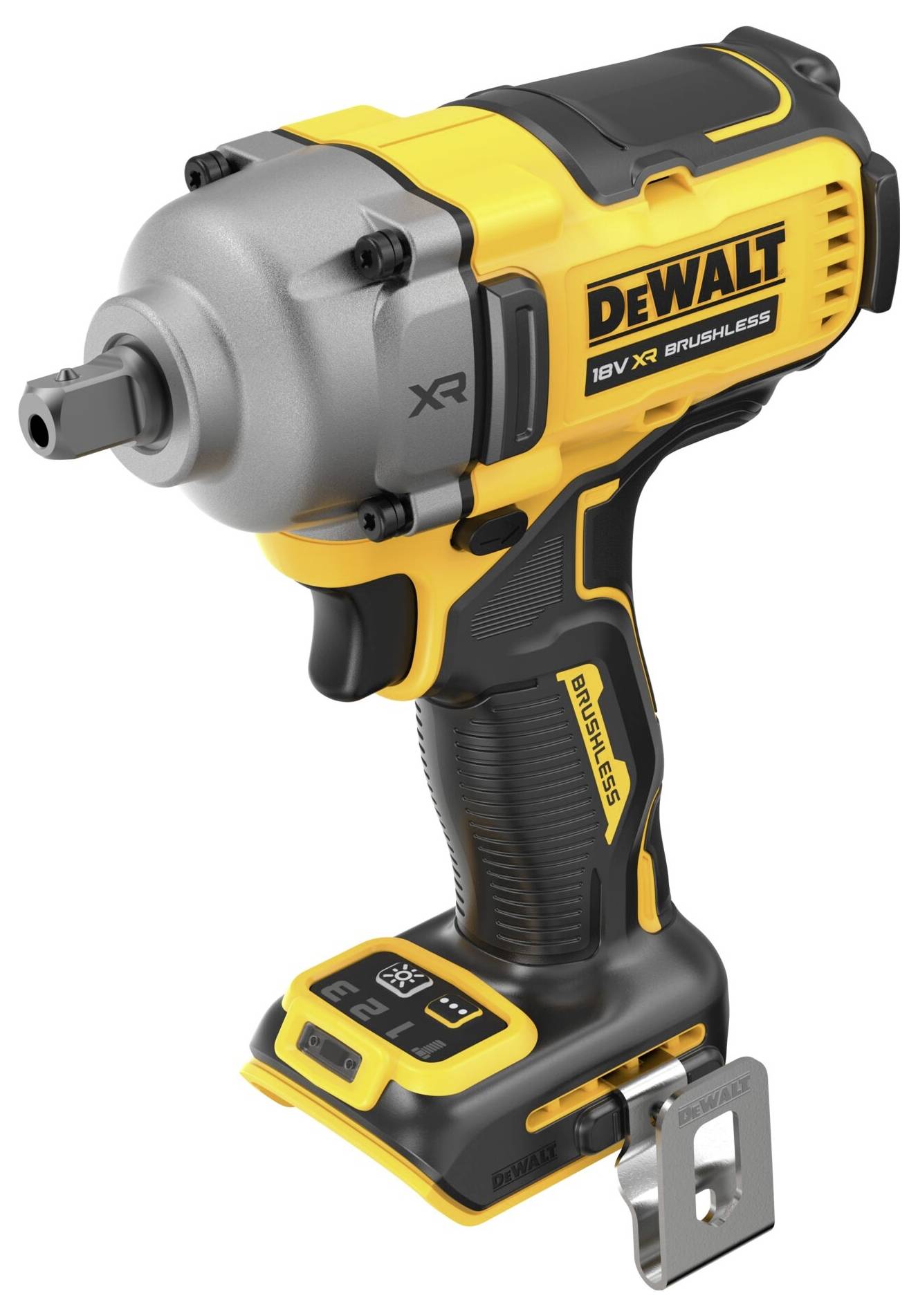 Avvitatore a impulsi a batteria in giallo e nero con impugnatura ergonomica, logo e indicatore di prestazione, adatto per uso professionale.