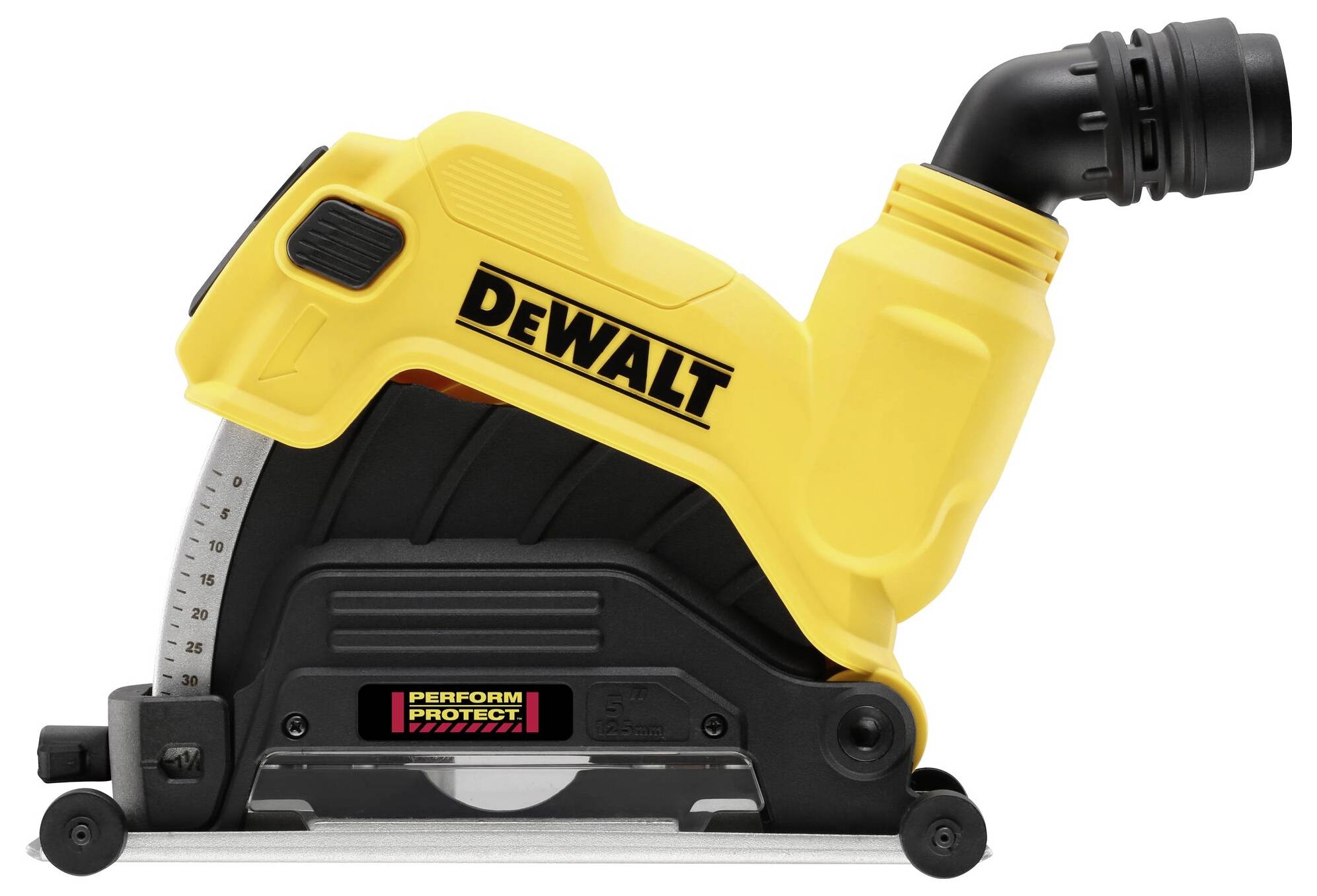 Un mini-disco circolare giallo Dewalt con impugnatura nera e protezione laterale, raffigurato di lato.