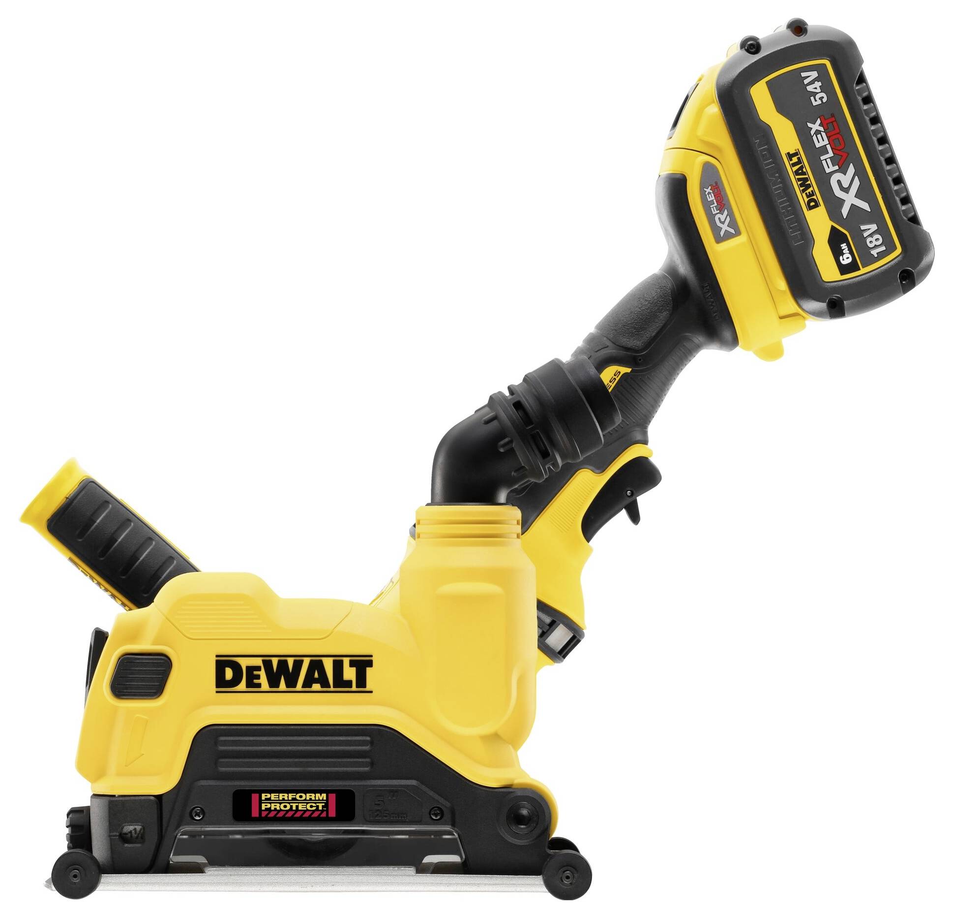 Sega circolare a batteria DeWalt con design giallo e nero, impugnatura ergonomica e batteria da 18V. Ideale per tagli precisi nel legno.