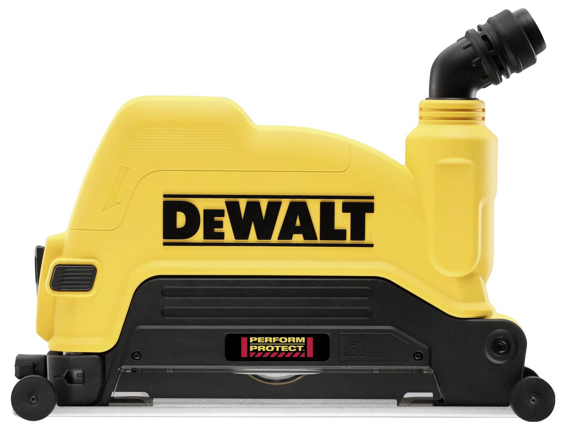 Custodia gialla DeWalt per attrezzi con testo nero, vista laterale, poggiata su una superficie, con il tubo di scarico rivolto verso l'alto.