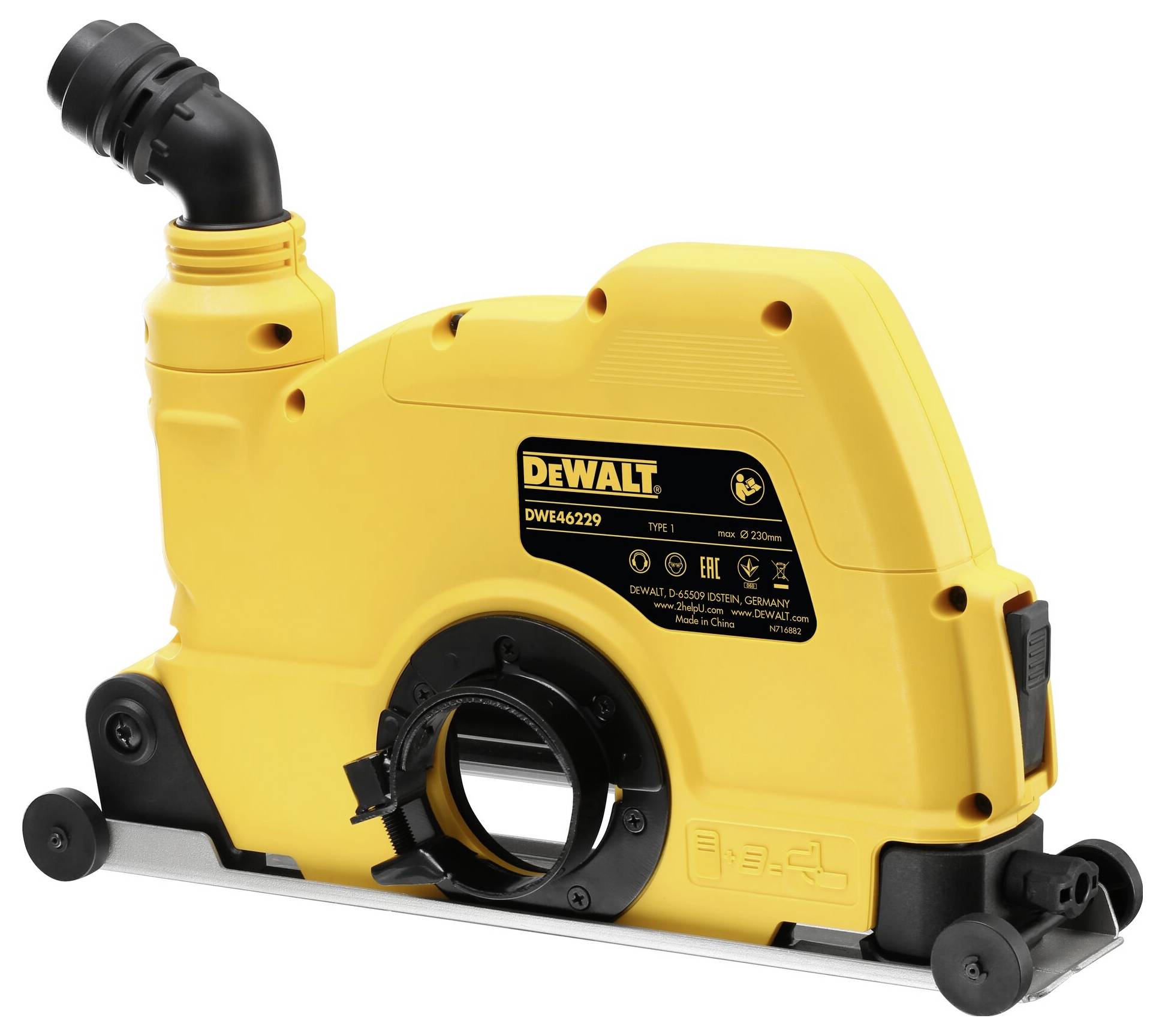 Un coperchio parapolvere giallo DeWalt DWE46229. Sviluppato per catturare la polvere durante i lavori di levigatura. Con attacco di scarico nero.