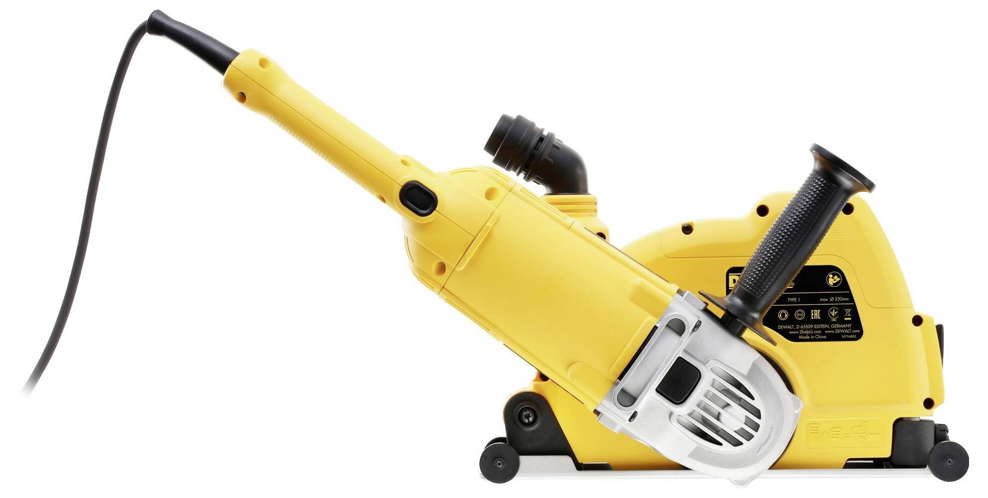 Un tagliacanali giallo con impugnatura e cavo nero, progettato per scanalare muri per l'installazione di cavi elettrici.