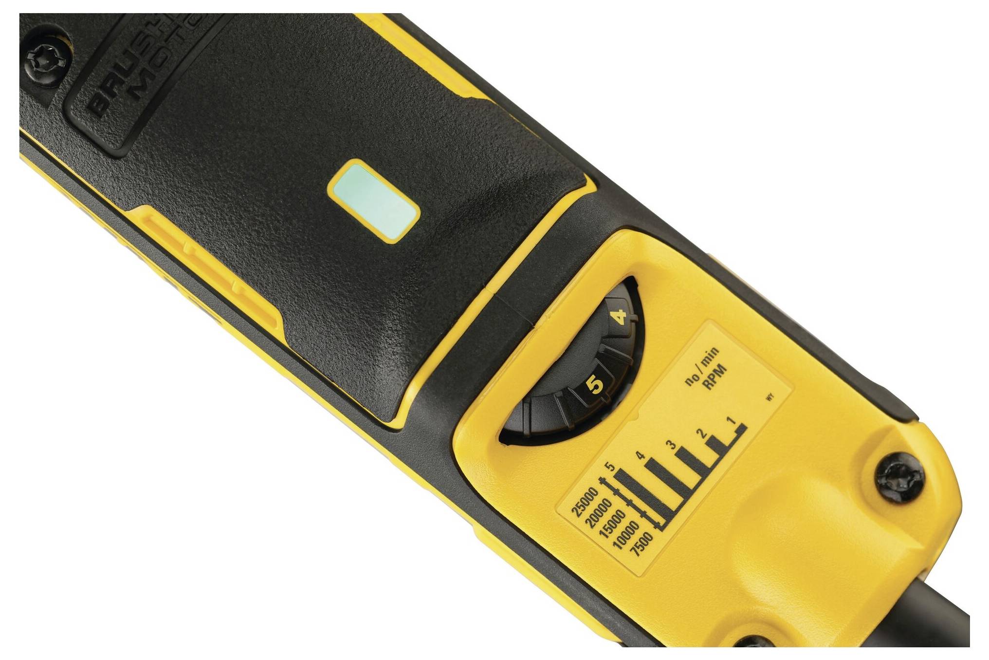 Primo piano di un utensile elettrico con involucro giallo e nero, con manopola di regolazione e indicatore di velocità da 1 a 6.