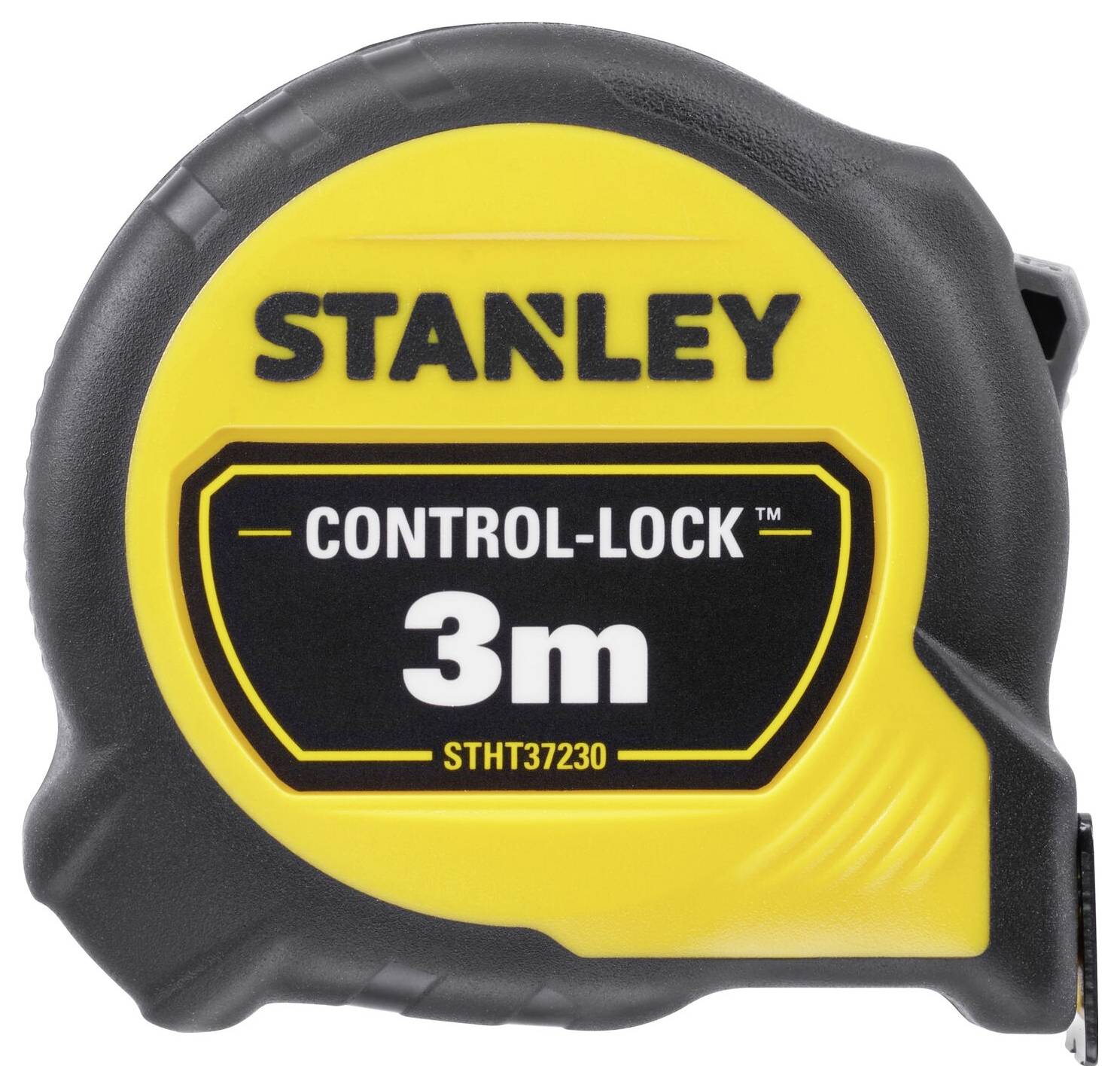 Nastro metrico nero e giallo con la scritta 'STANLEY CONTROL-LOCK 3m'.