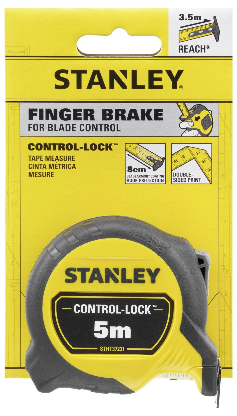 'STANLEY Finger Brake', flessometro da 5 m, giallo-nero, con funzione 'Control-Lock' per il controllo della lama, pressione doppia.