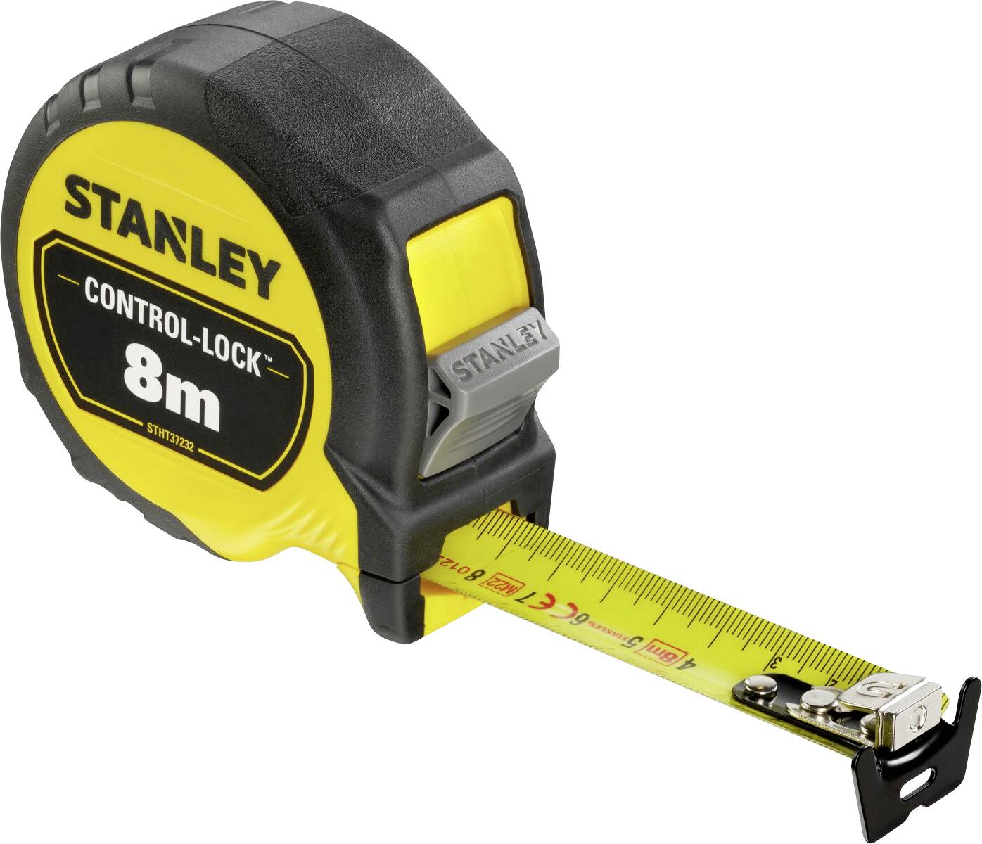 Un nastro metrico giallo con custodia nera recante la scritta 'Stanley' e 'Control-Lock 8m'. Il nastro è parzialmente estratto.
