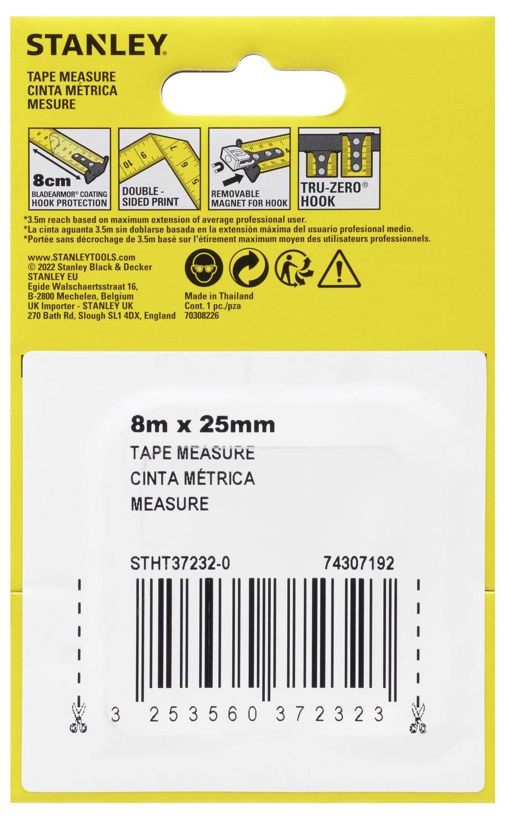 Confezione di un metro a nastro Stanley con dettagli: 8m x 25mm, gancio removibile. Codice a barre in basso sulla confezione.