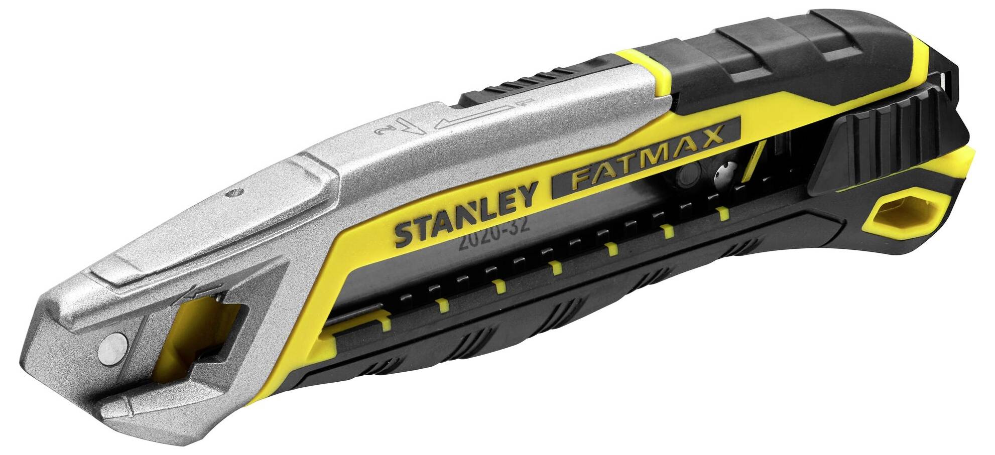 Un cutter Stanley Fatmax giallo e nero con lama d'argento, adatto per lavori di taglio impegnativi.