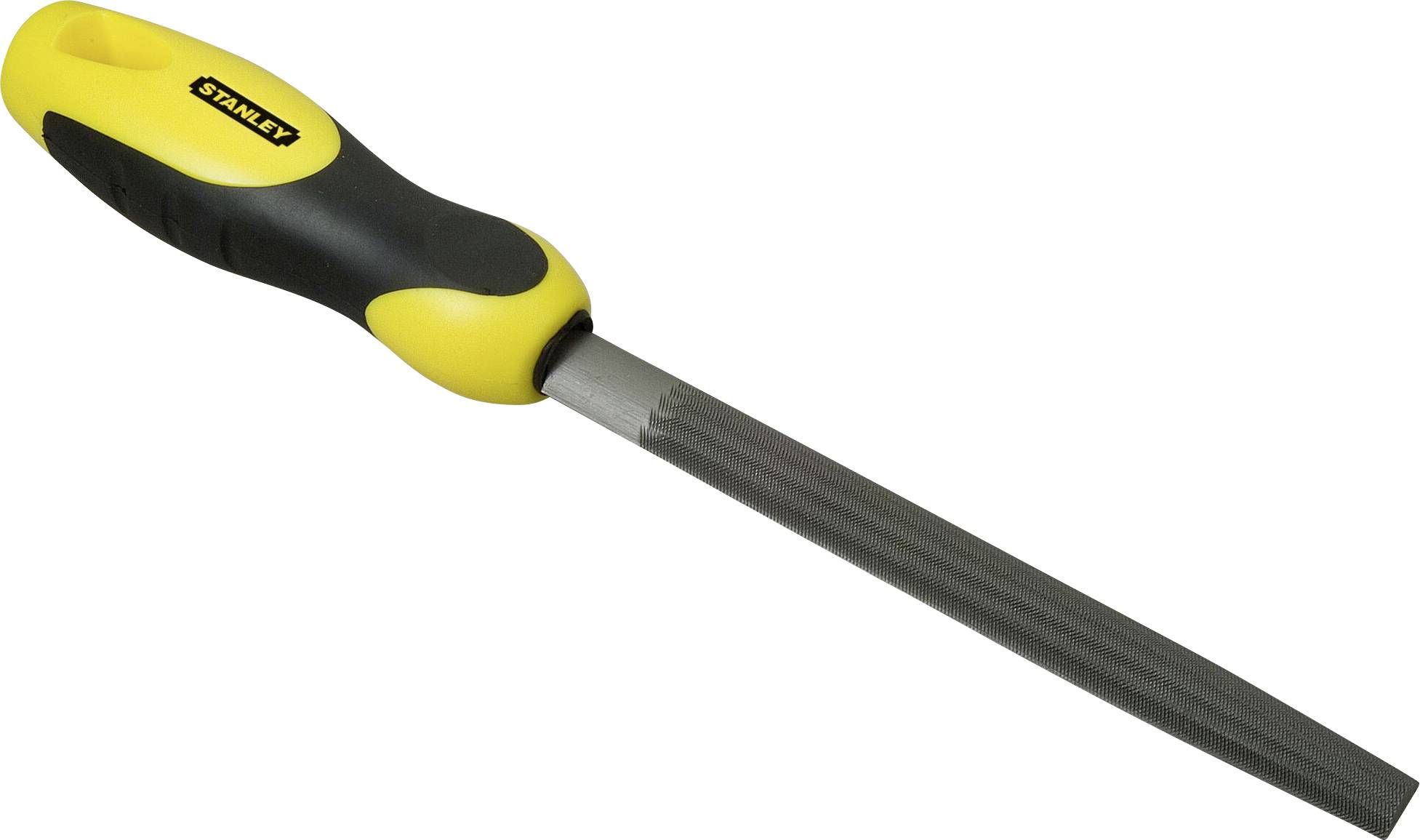 Lime da officina con manico nero e giallo, lama metallica allungata, adatte per levigare diversi materiali.