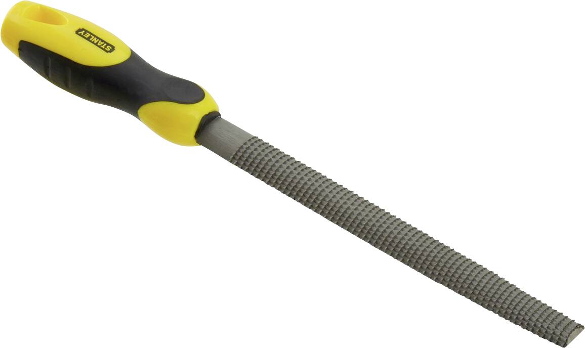 Un lima a mano con impugnatura ergonomica gialla e nera e superficie metallica scanalata per levigare materiali.