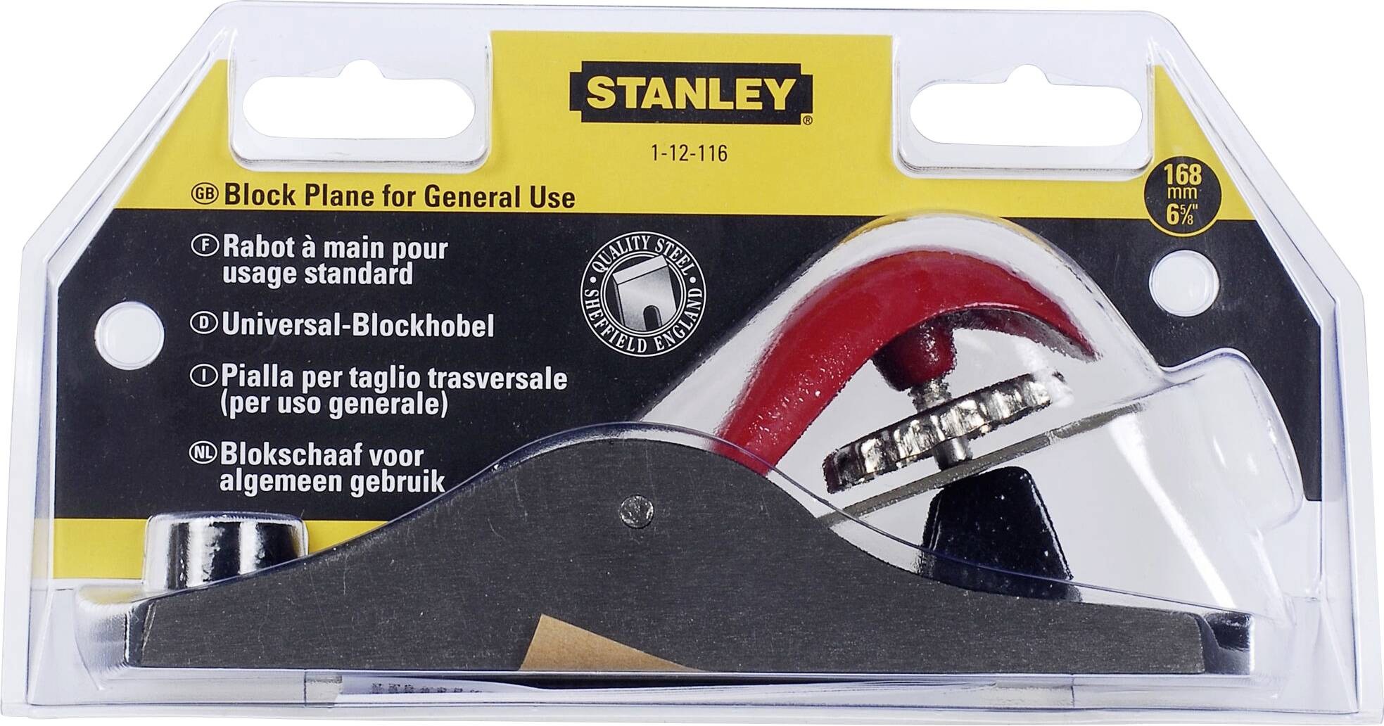 Pialla a mano Stanley per uso generico, confezionata in custodia di plastica. Include istruzioni per l'uso in più lingue.