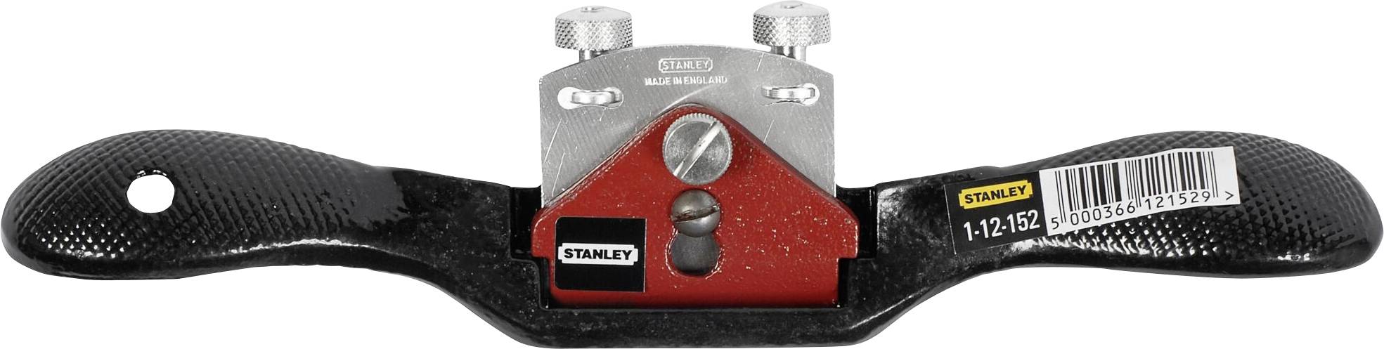 Un pialletto manuale Stanley con custodia rossa e nera, manopole di regolazione e etichetta con codice a barre.